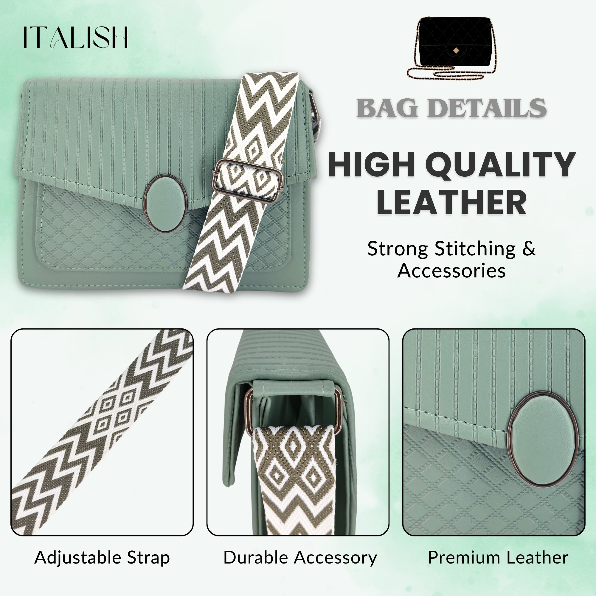 Green Quilted Pattern Sling Crossbody Bag With Strap