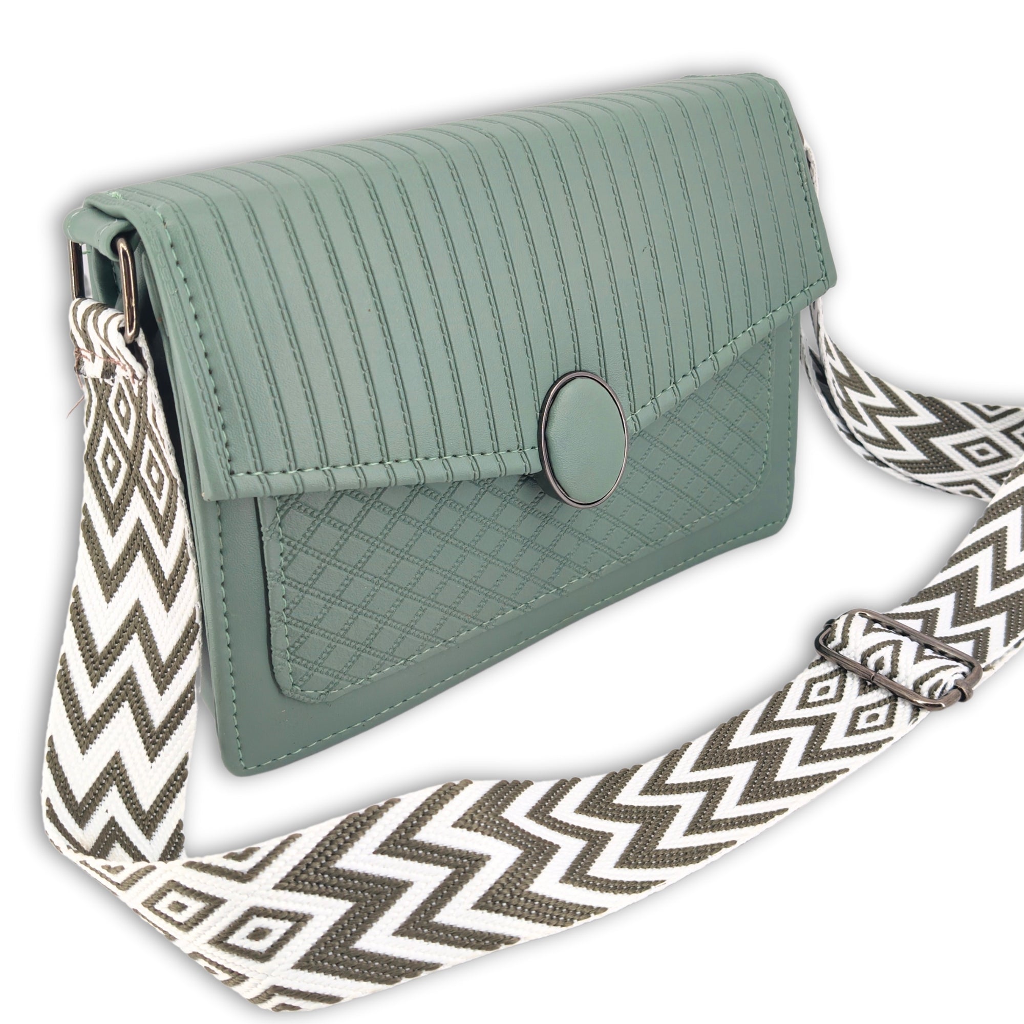 Green Quilted Pattern Sling Crossbody Bag With Strap