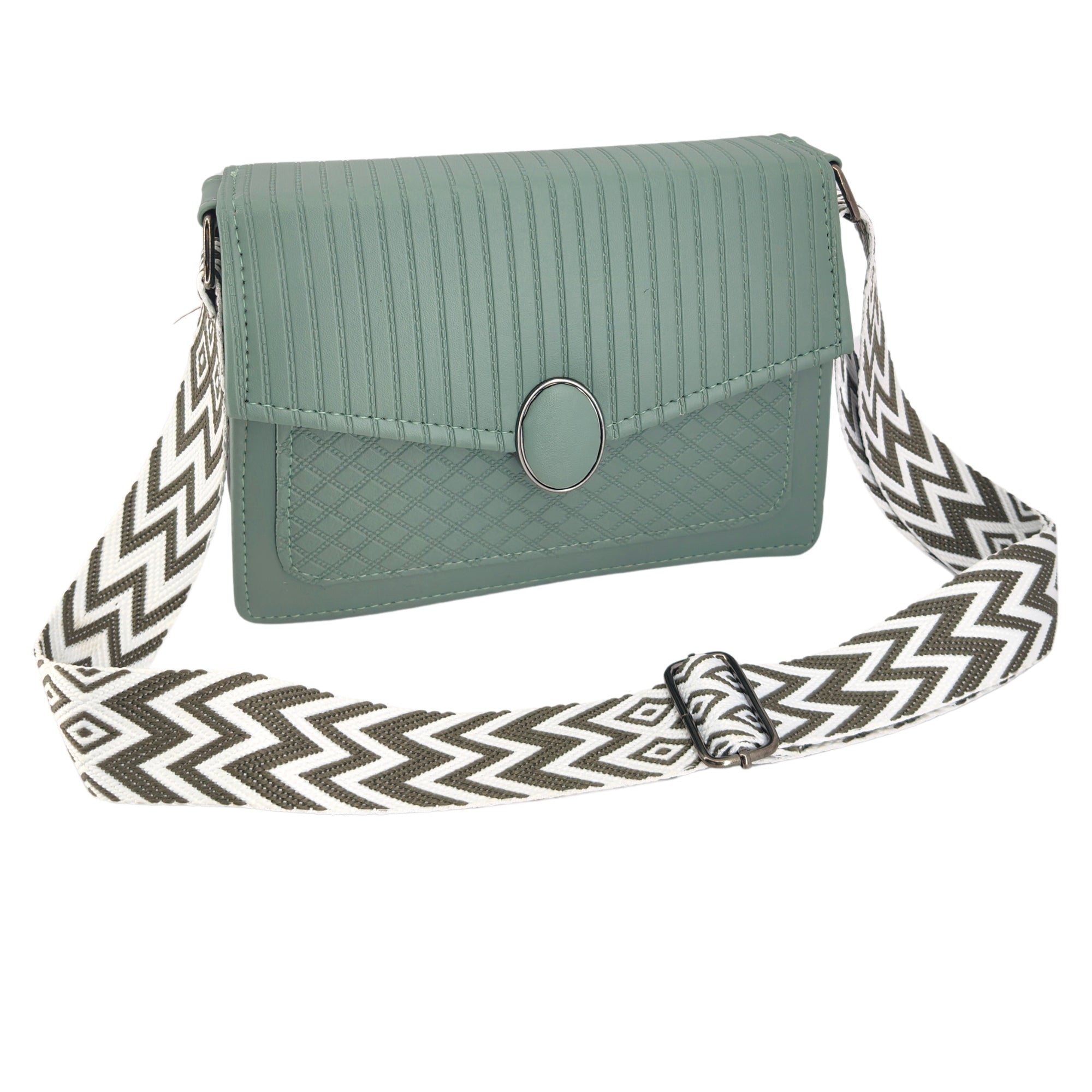 Green Quilted Pattern Sling Crossbody Bag With Strap