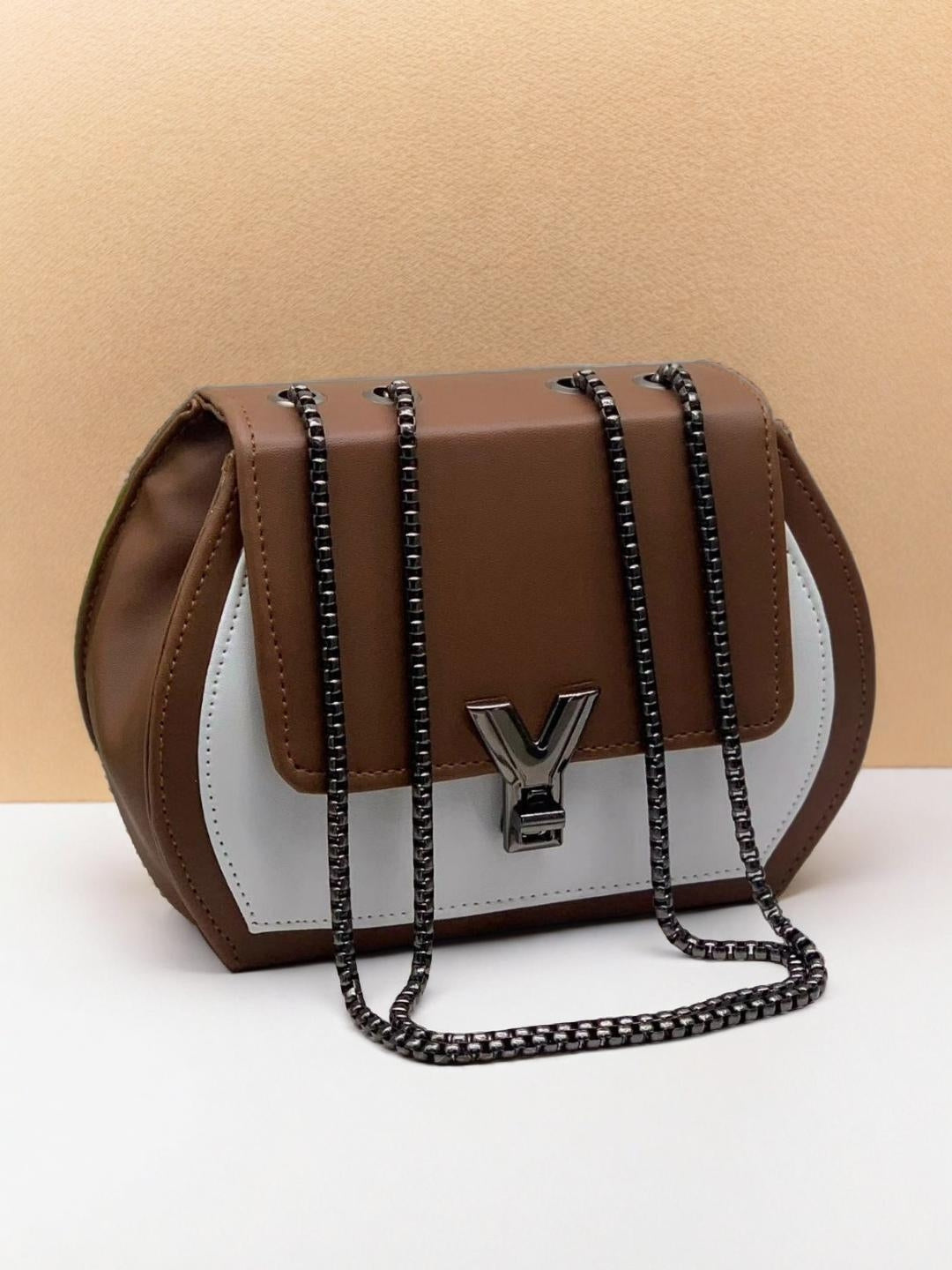 Tan color Box Sling Crossbody bag with Metal Adjustable Strap