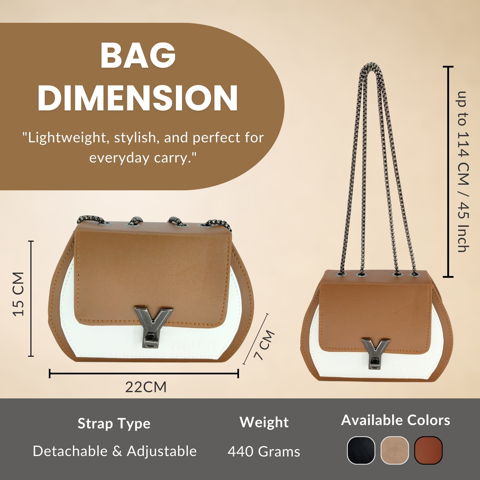 Tan color Box Sling Crossbody bag with Metal Adjustable Strap
