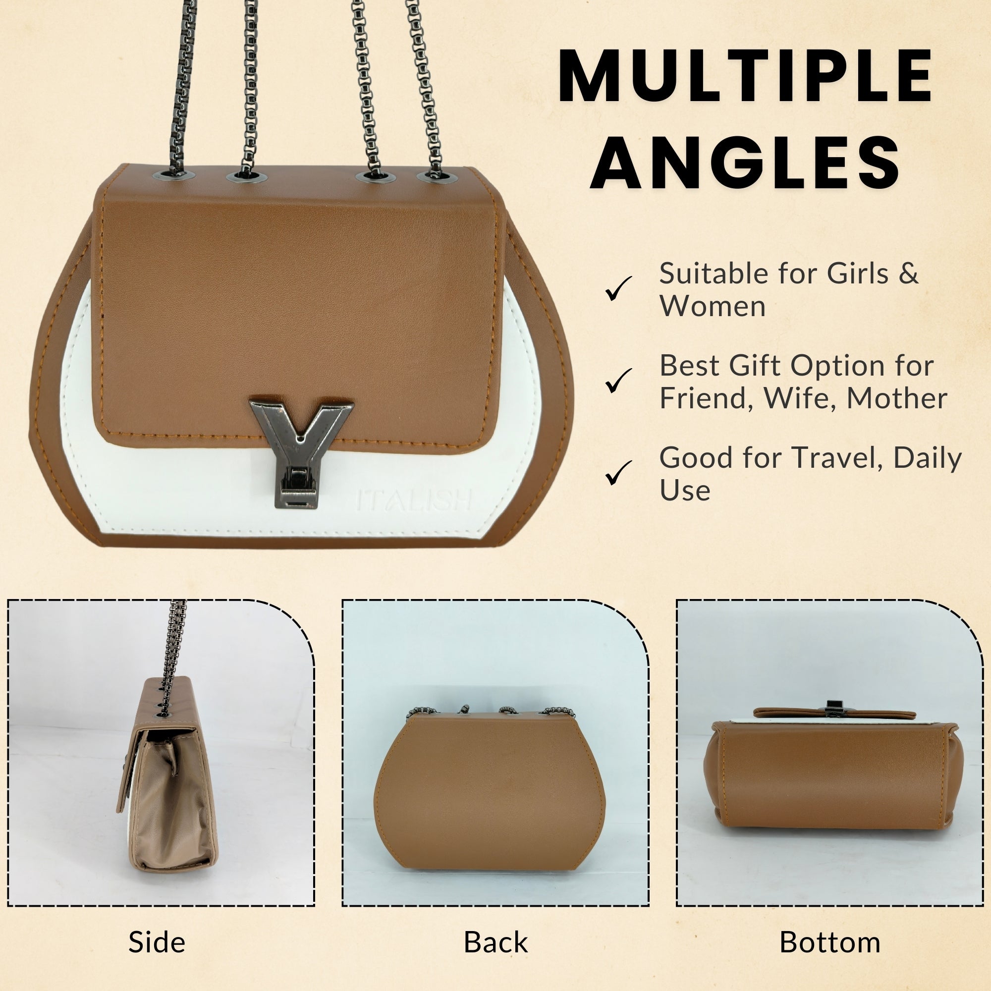 Tan color Box Sling Crossbody bag with Metal Adjustable Strap