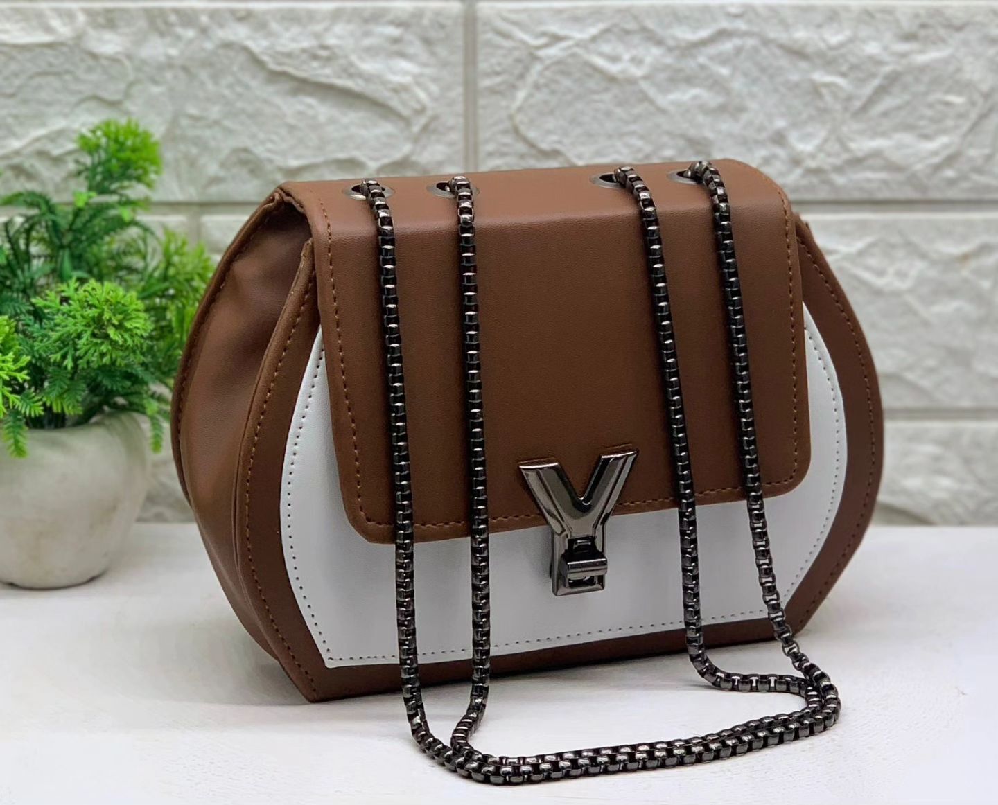 Tan color Box Sling Crossbody bag with Metal Adjustable Strap