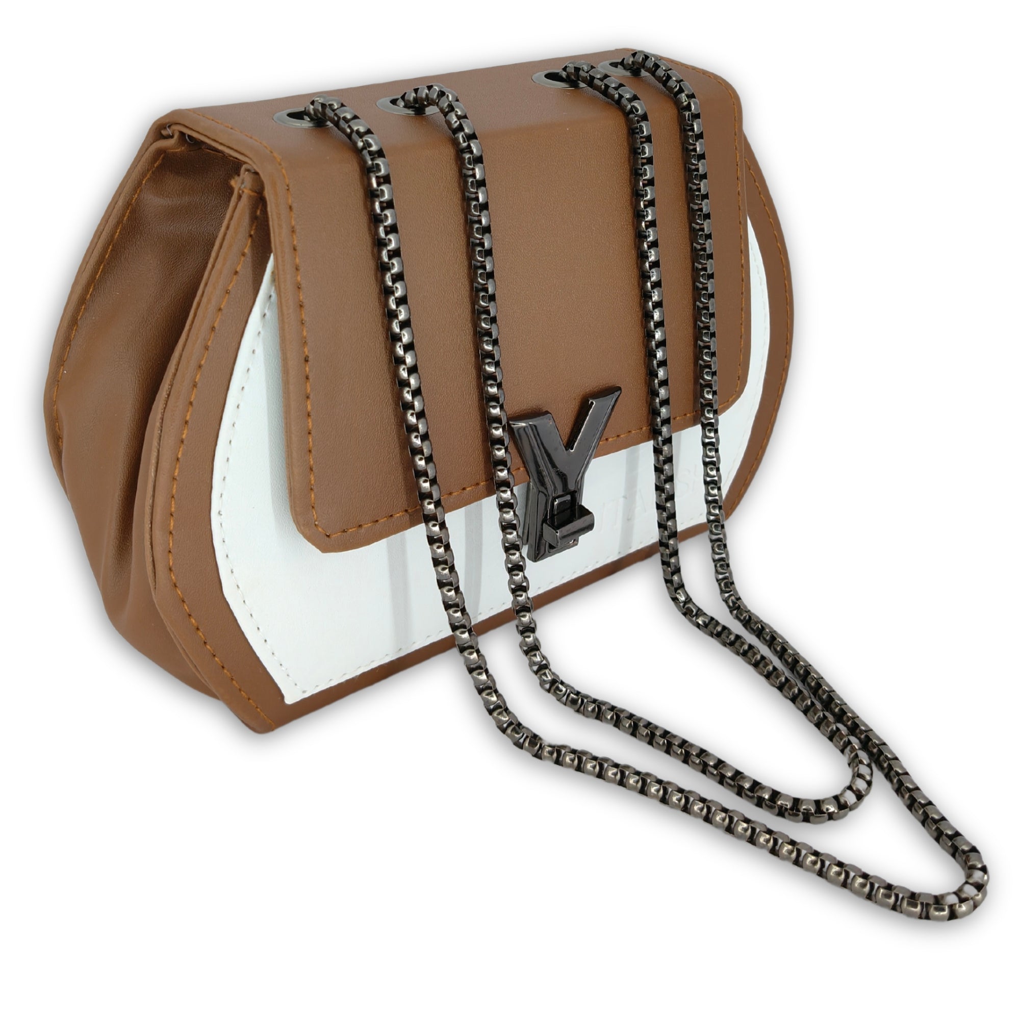 Tan color Box Sling Crossbody bag with Metal Adjustable Strap