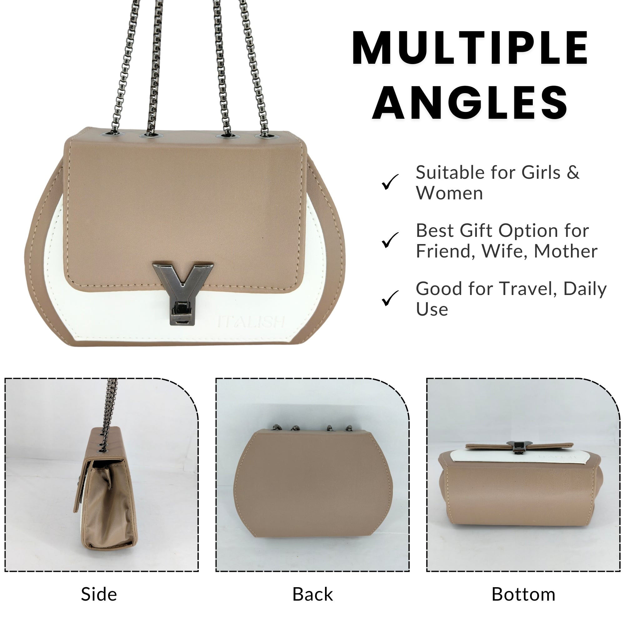 Light Brown Box Sling Crossbody bag with Metal Adjustable Strap