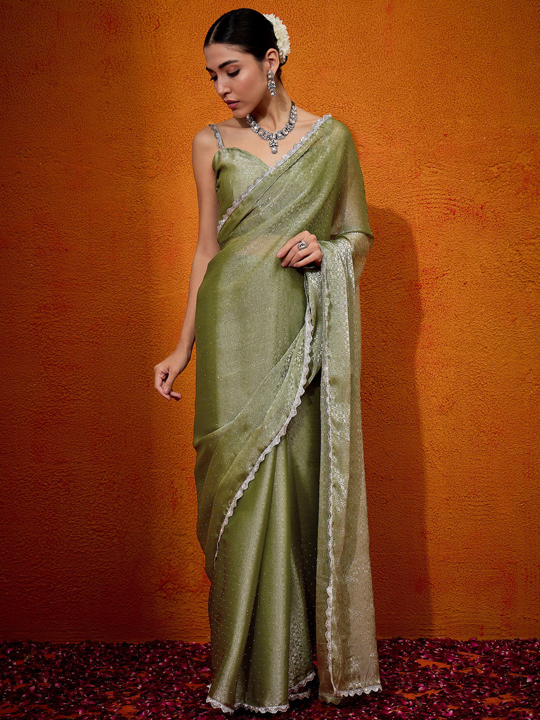 Organza Olive Embellished Designer Saree With Blouse