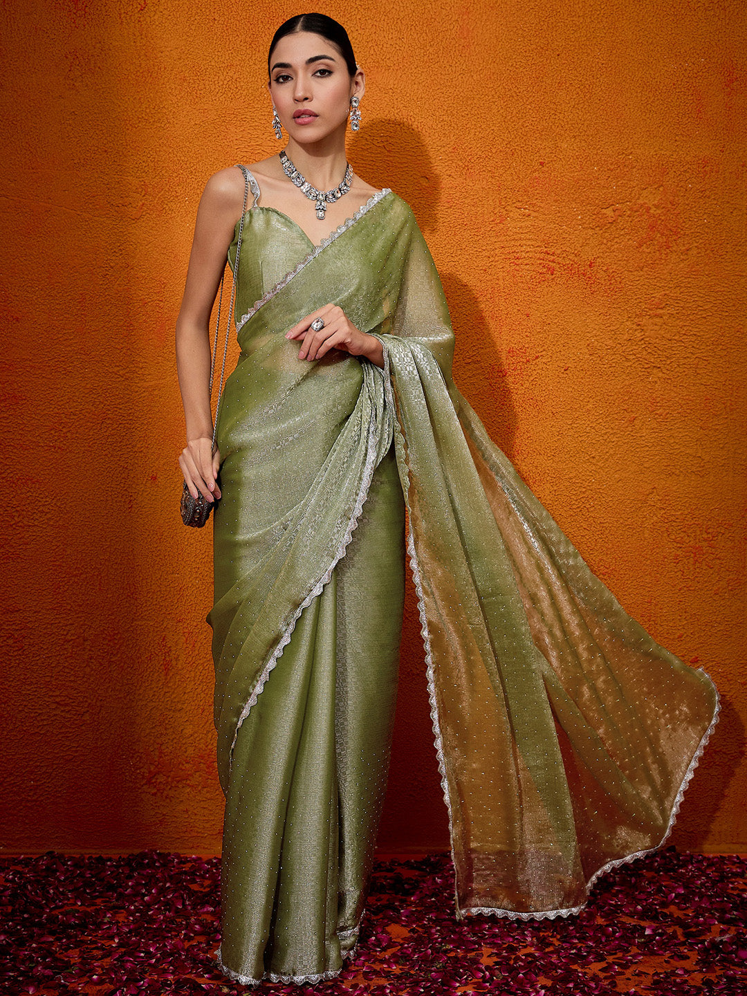 Organza Olive Embellished Designer Saree With Blouse