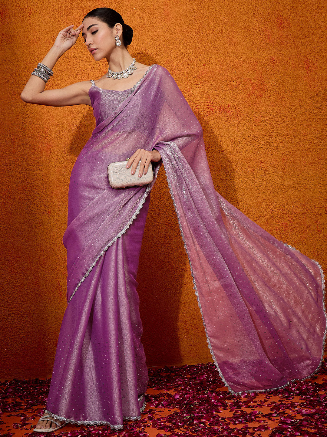 Organza Mauve Embellished Designer Saree With Blouse