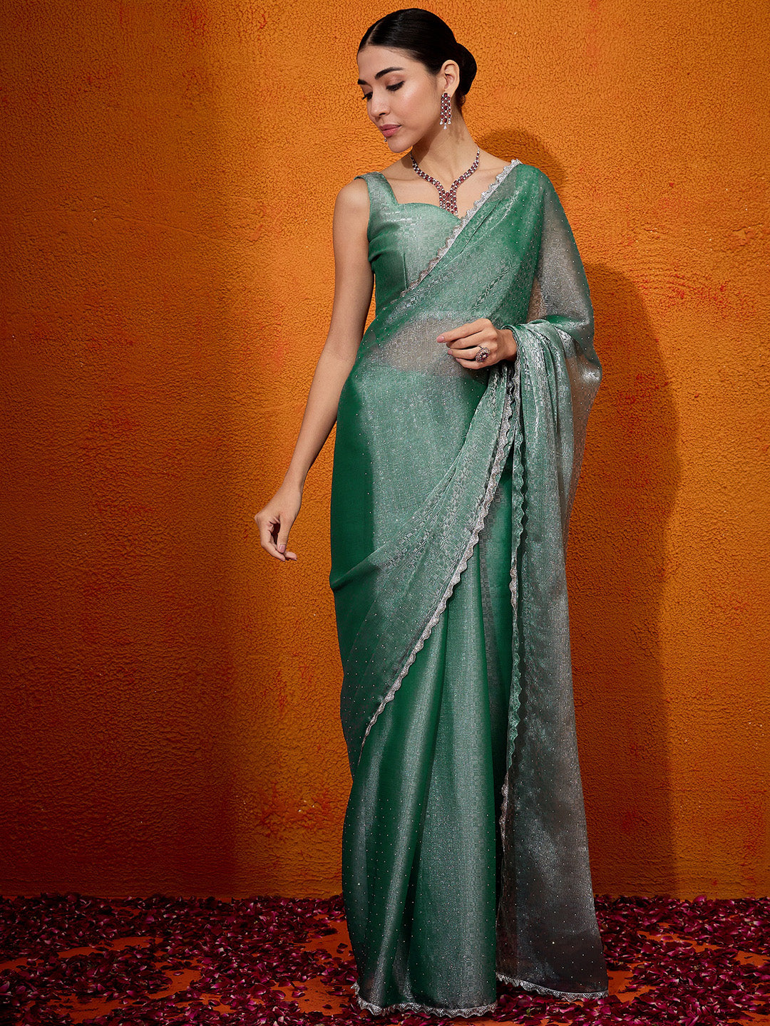 Organza Teal green Embellished Designer Saree With Blouse