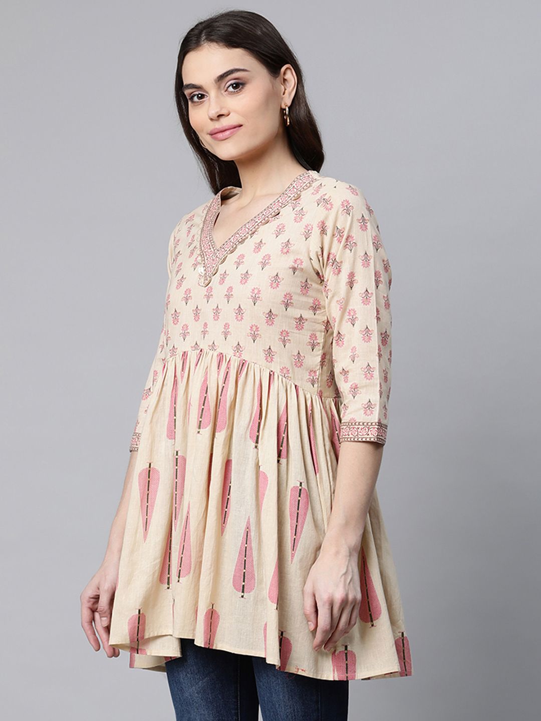 Beige Pure Cotton Printed Tunic