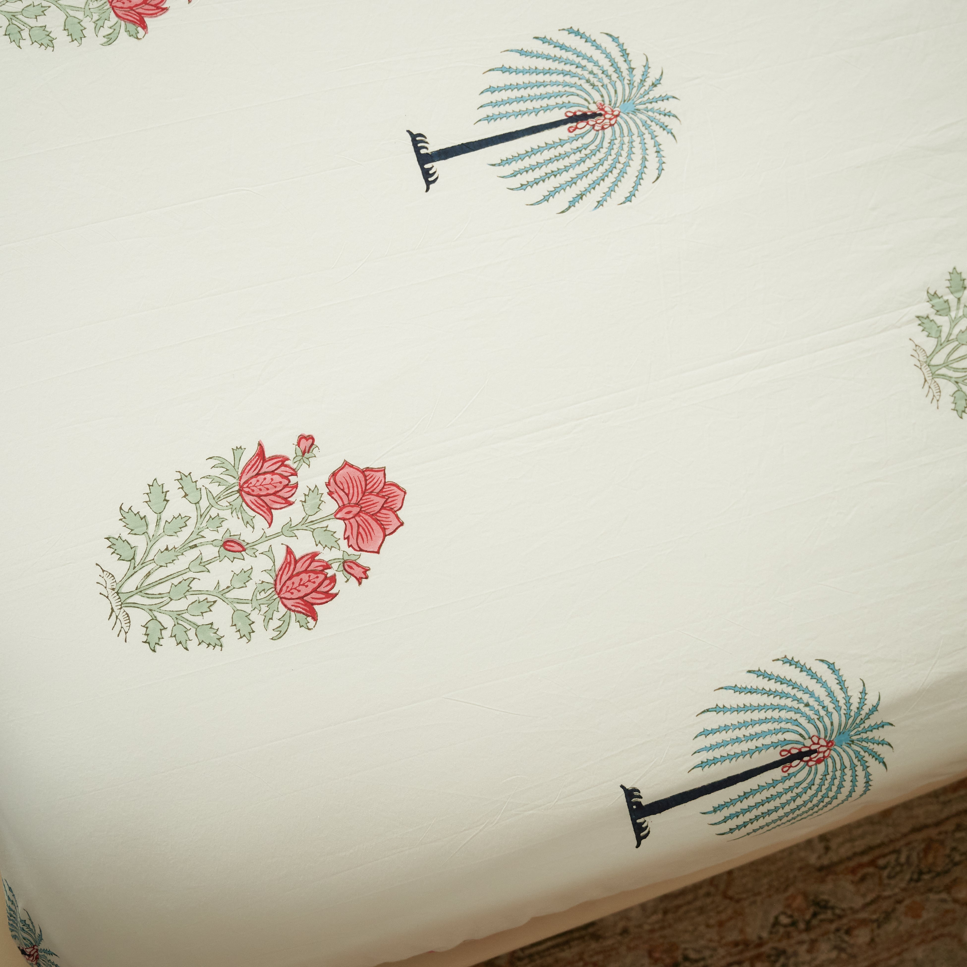 Palm Floral Hand Block Printed Bedsheet Set (Double)