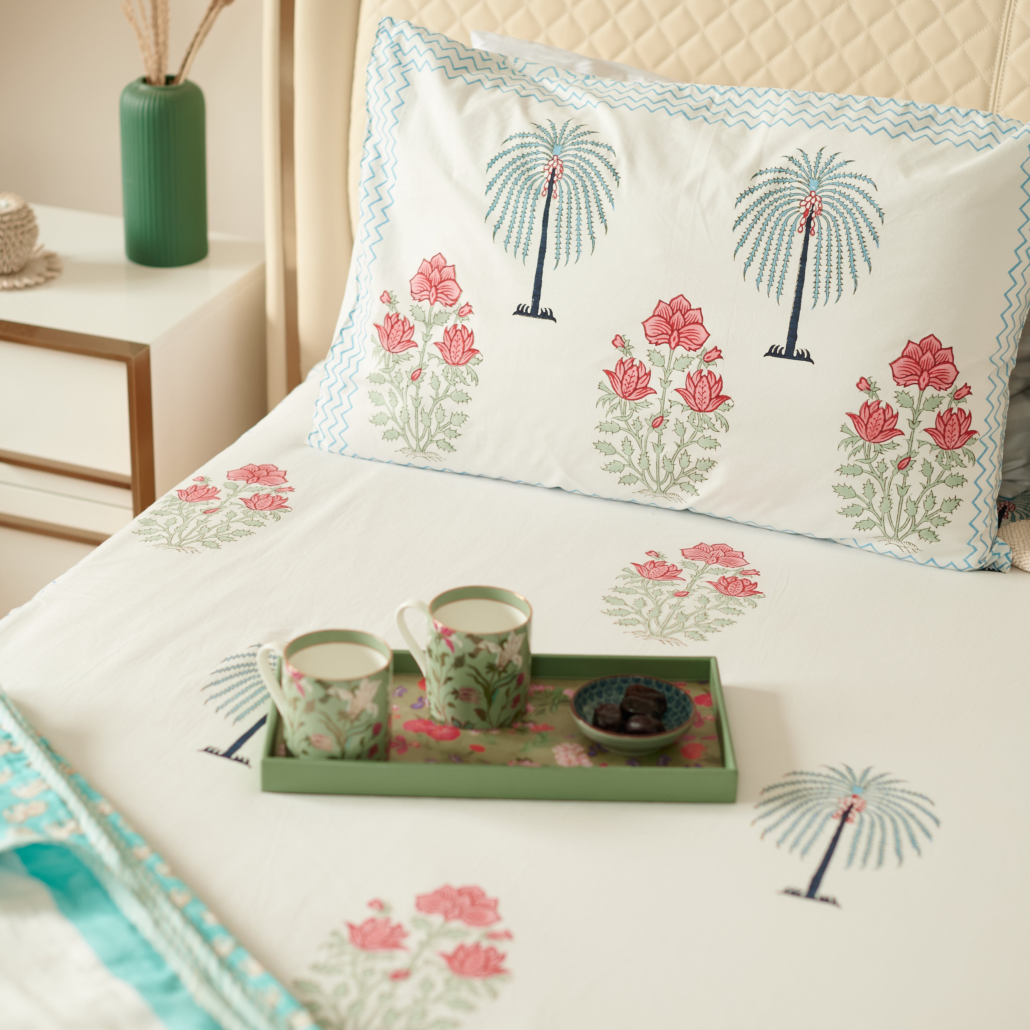 Palm Floral Hand Block Printed Bedsheet Set (Double)