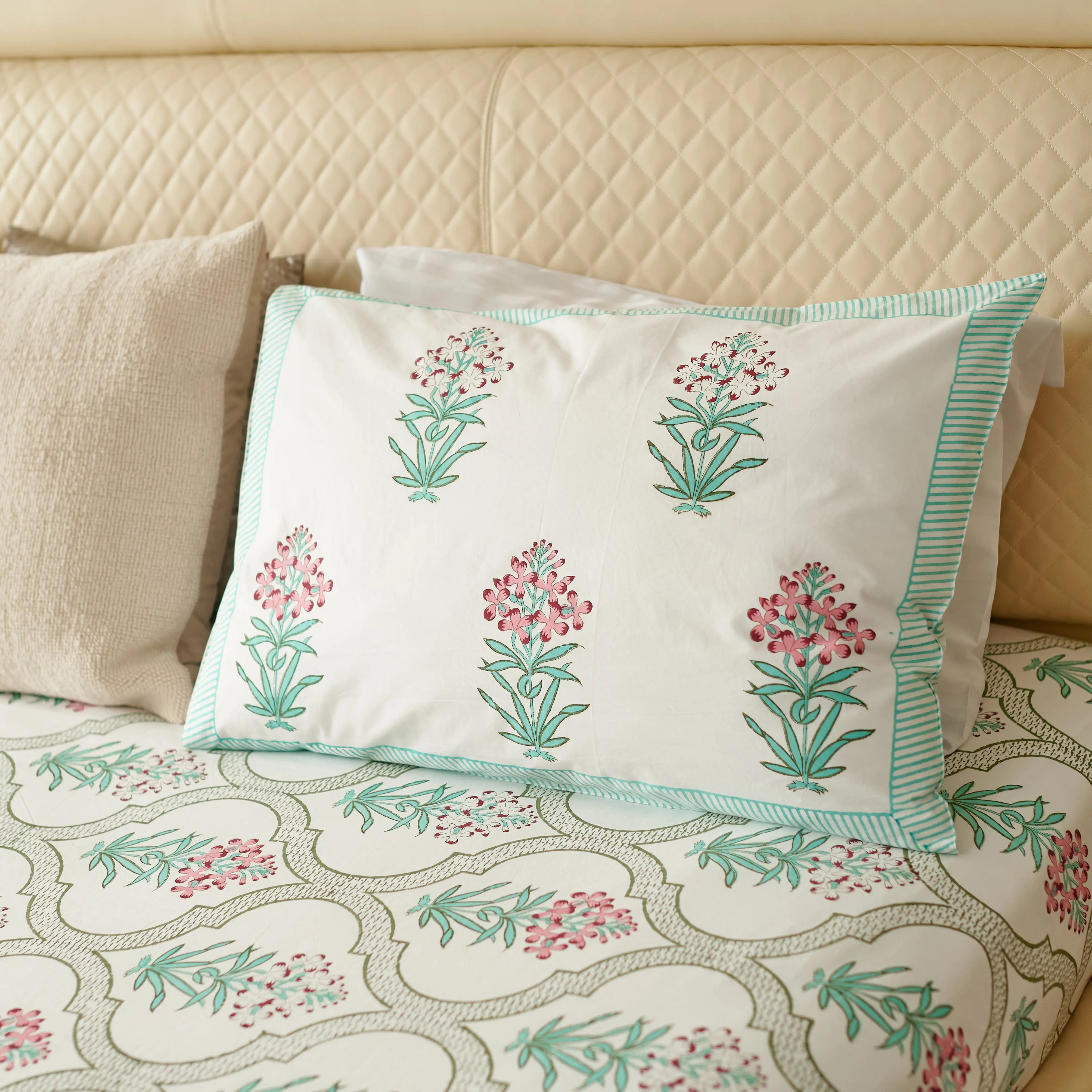 Pink Green Floral Hand Block Printed Bedsheet Set (Double)