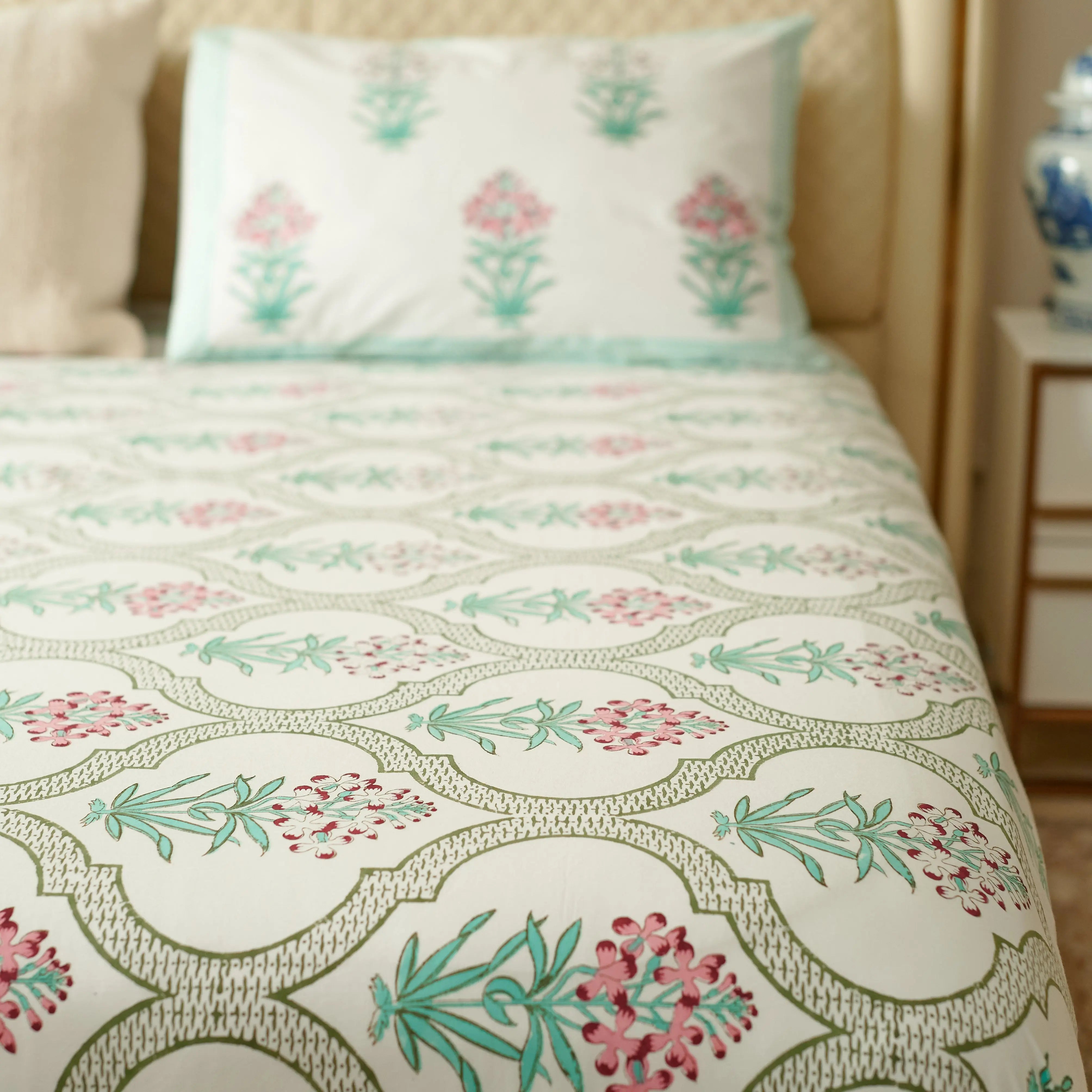 Pink Green Floral Hand Block Printed Bedsheet Set (Double)