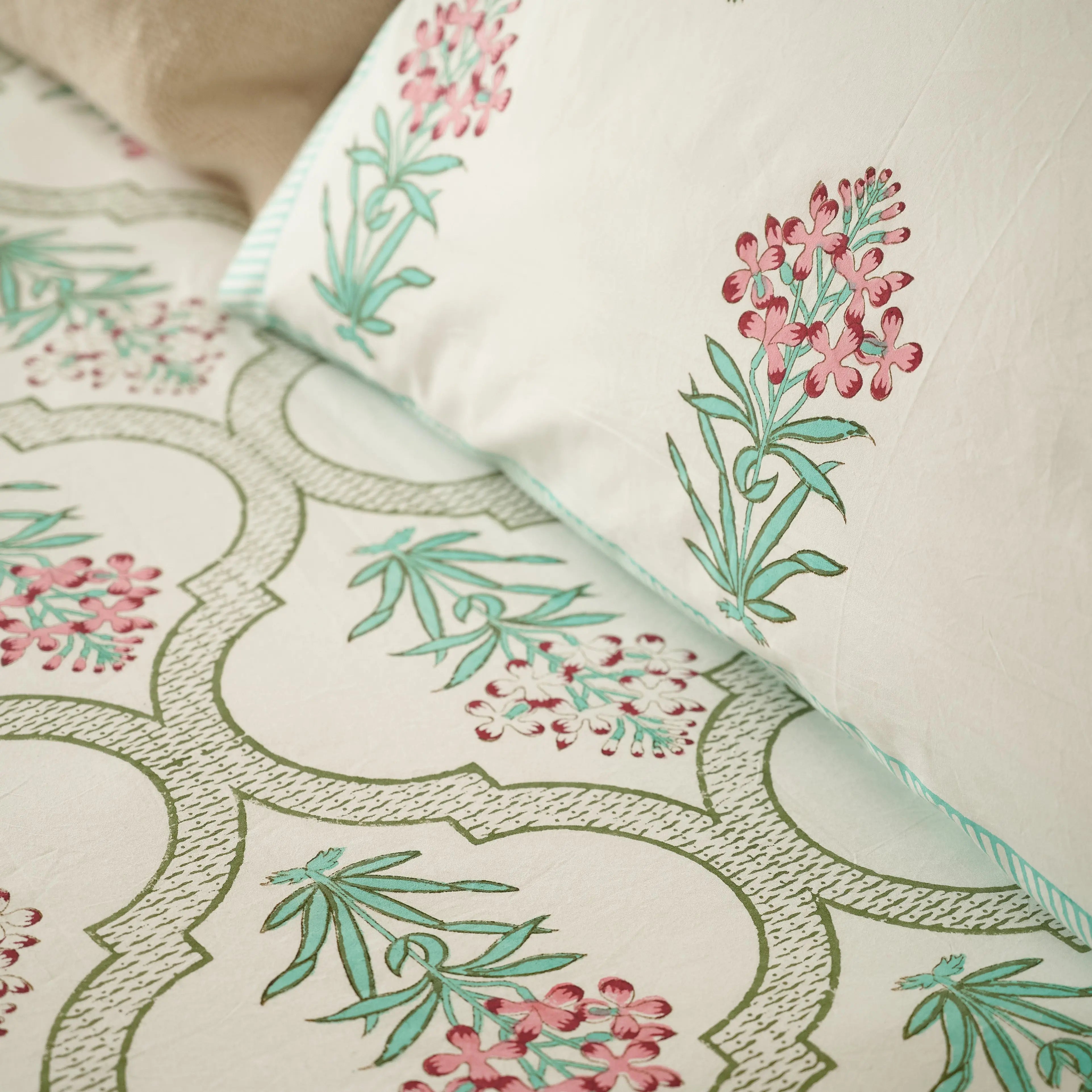 Pink Green Floral Hand Block Printed Bedsheet Set (Double)