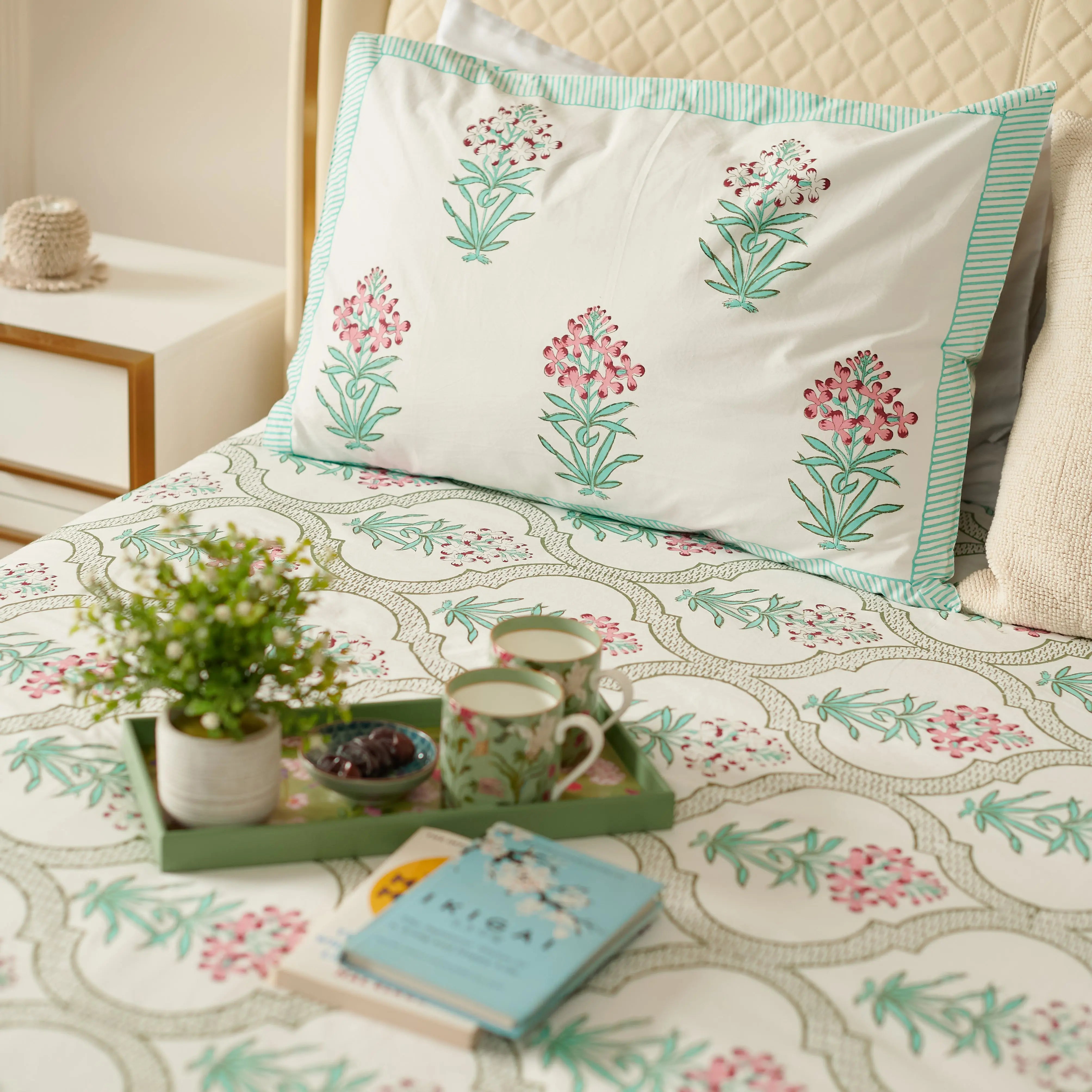 Pink Green Floral Hand Block Printed Bedsheet Set (Double)