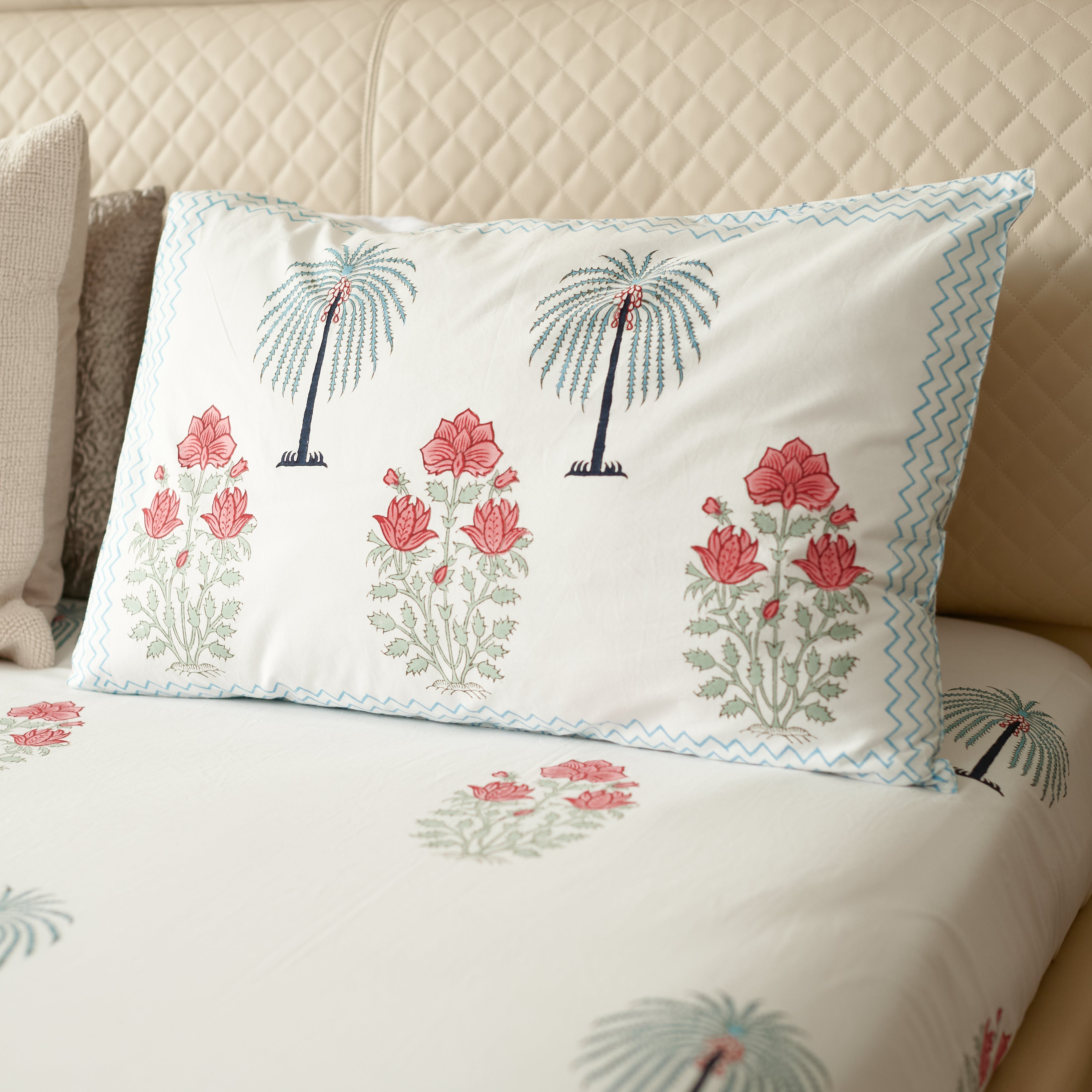 Palm Floral Hand Block Printed Bedsheet Set (Double)