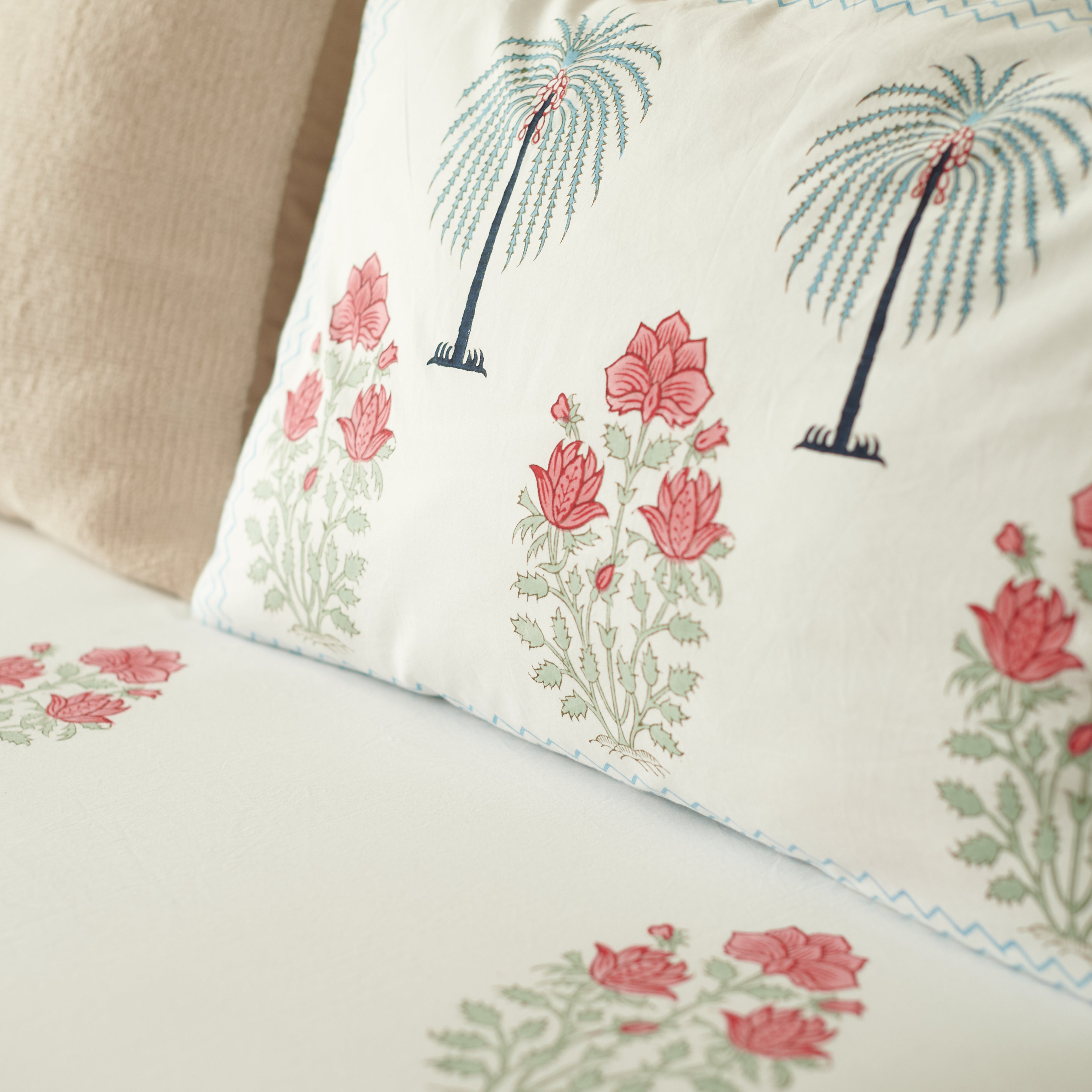 Palm Floral Hand Block Printed Bedsheet Set (Double)