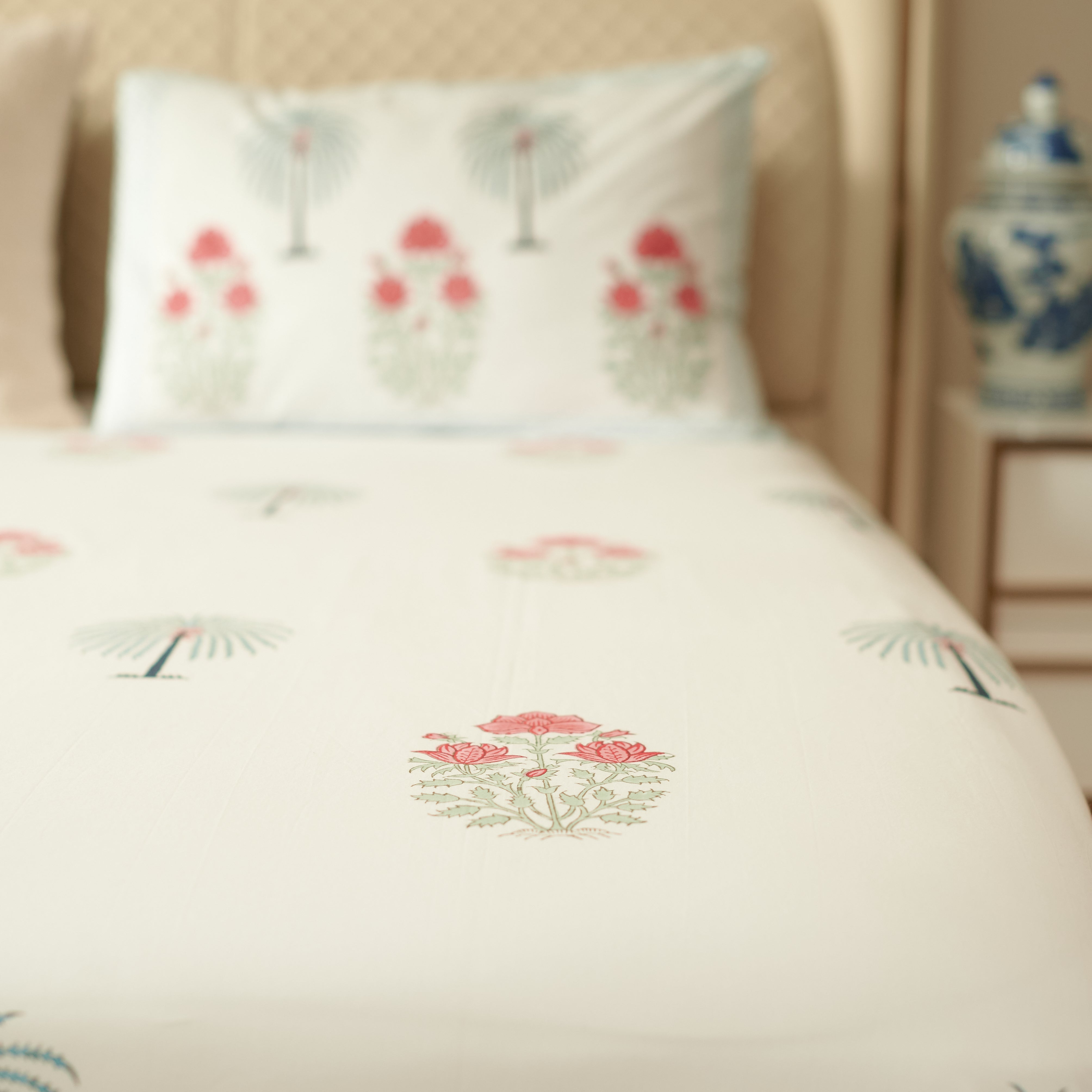 Palm Floral Hand Block Printed Bedsheet Set (Double)