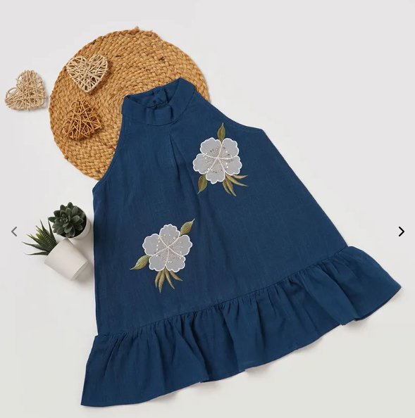 Blue Applique Work Cotton Slub Dress