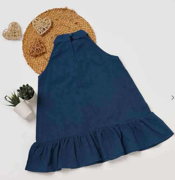 Blue Applique Work Cotton Slub Dress