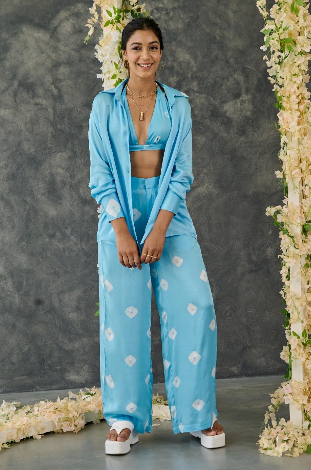 Blue Bandhani Modal Satin Co-Ord Set