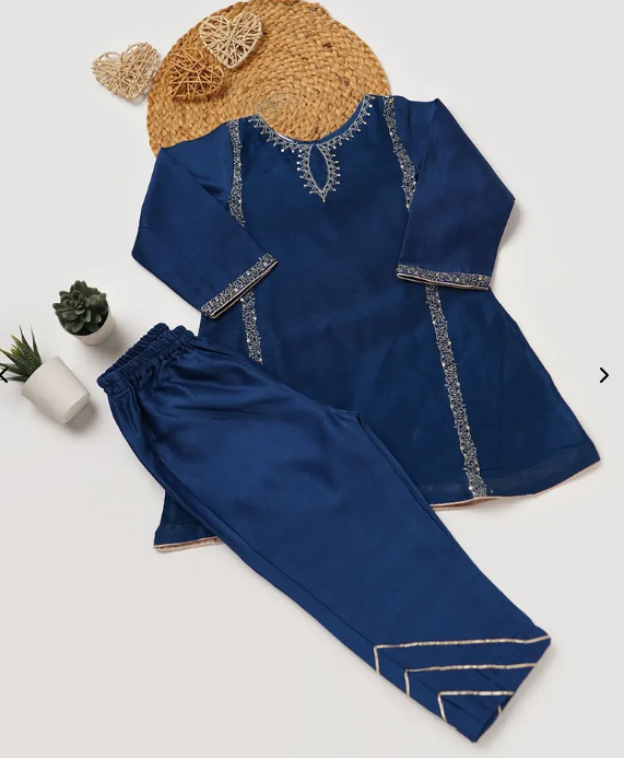 Blue embroidered Chanderi silk suit set