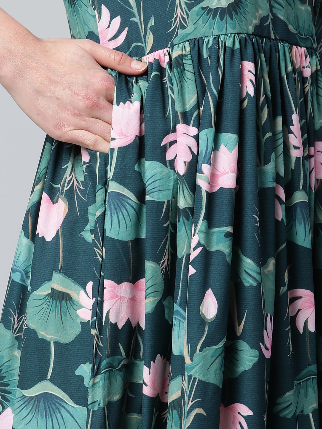 Dark Green Digital Print Flared Dress