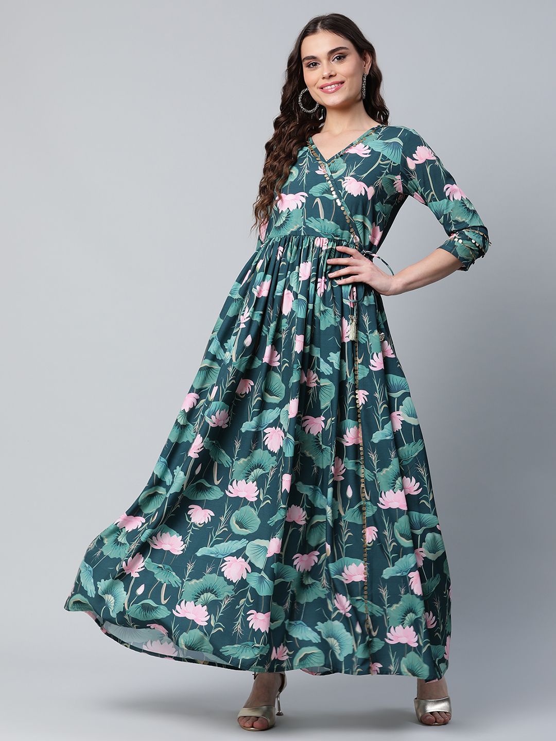 Dark Green Digital Print Flared Dress