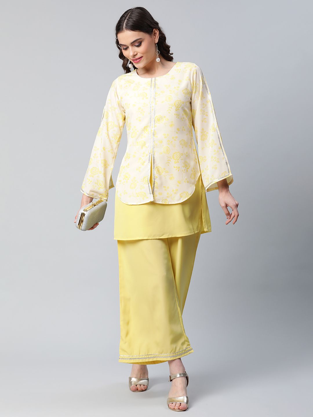 Yellow Crepe Printed Top Palazzo Set