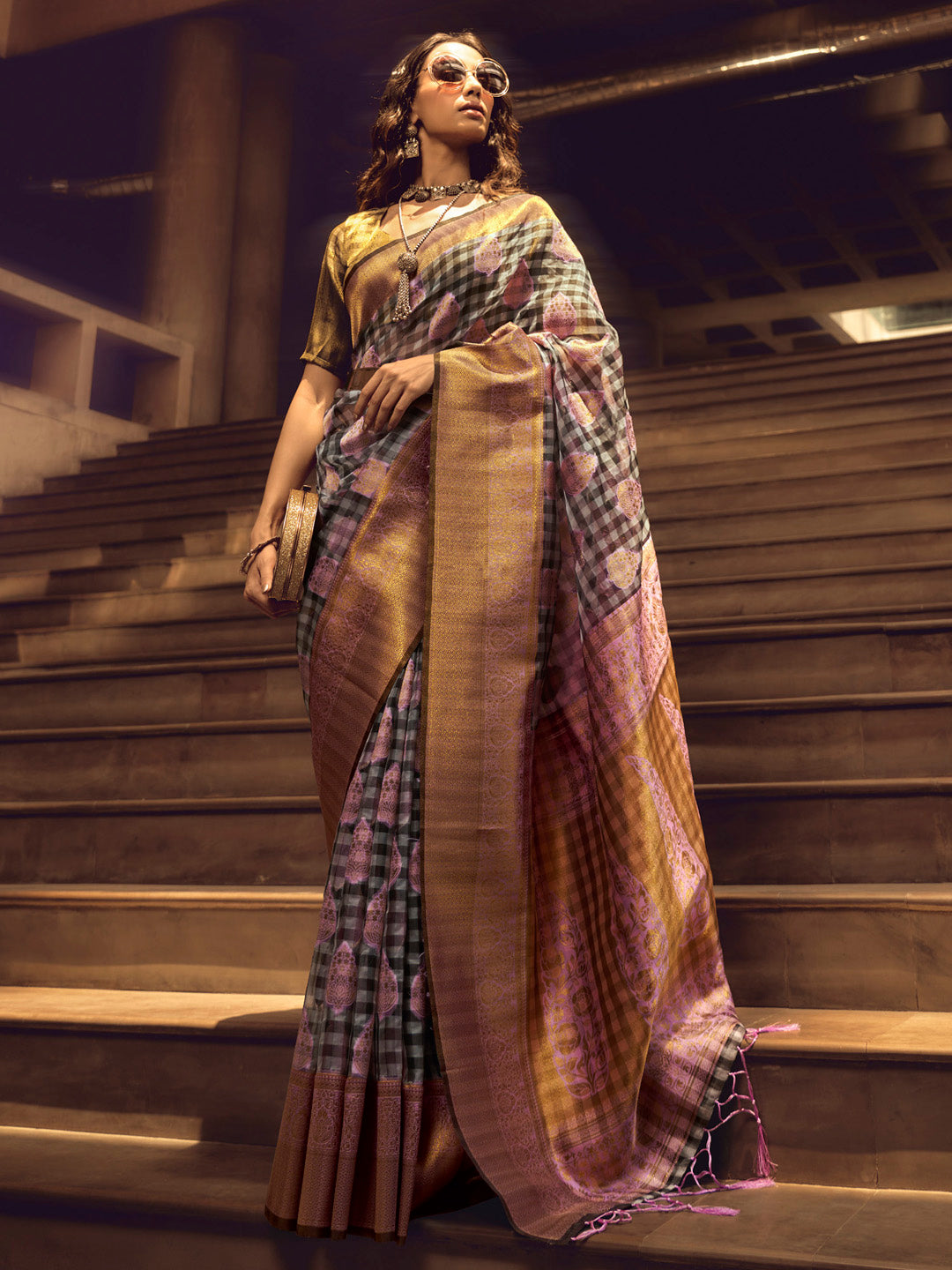 Organza Grey Woven Design Designer Saree With Blouse