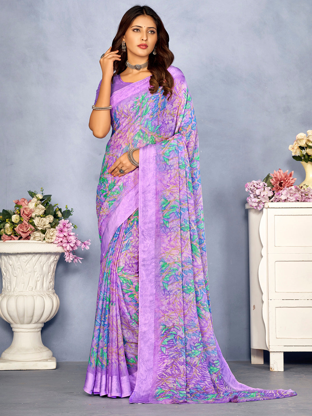 Chiffon Lavendar Printed Designer Saree With Blouse