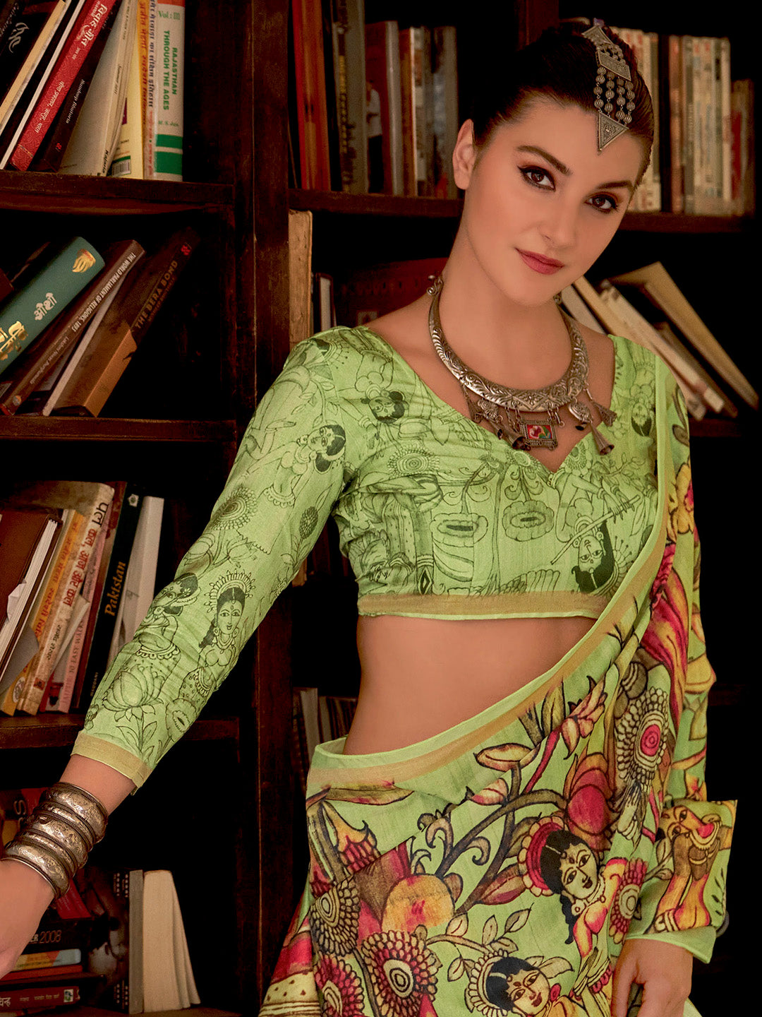 Silk Blend Light Green Printed Designer Saree With Blouse