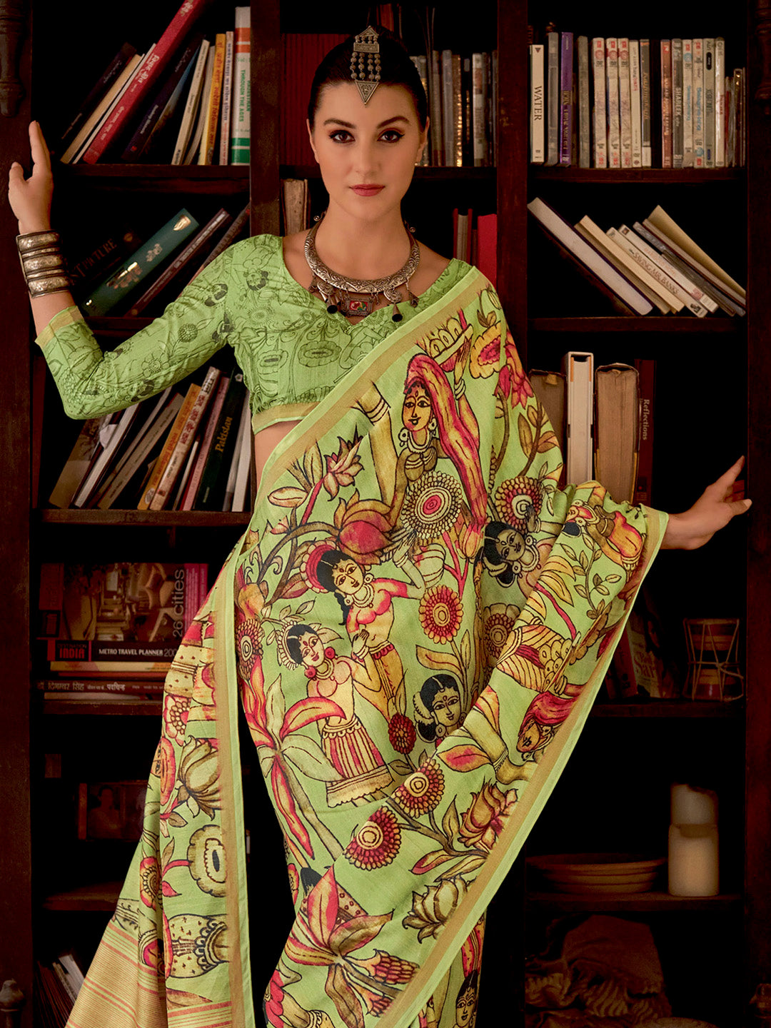 Silk Blend Light Green Printed Designer Saree With Blouse