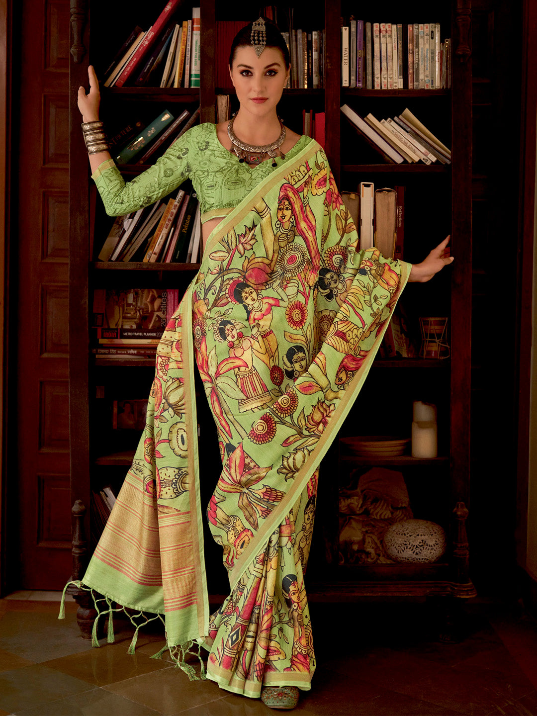 Silk Blend Light Green Printed Designer Saree With Blouse