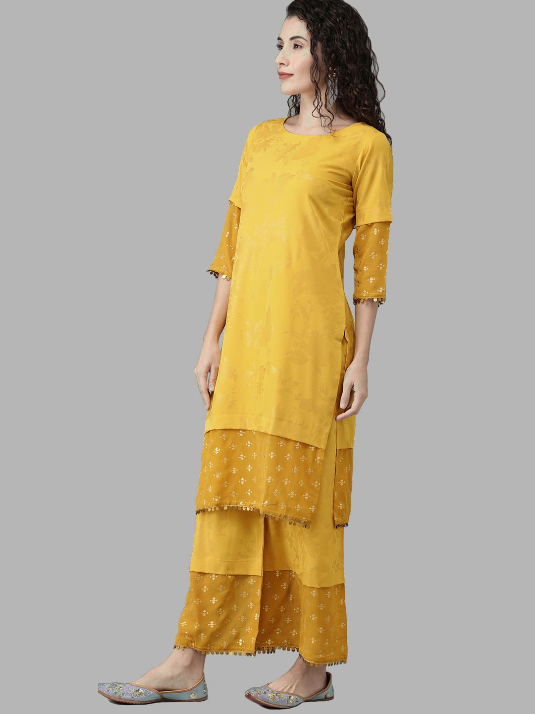 Mustard Yellow Printed Kurta Palazzo Set With Dupatta