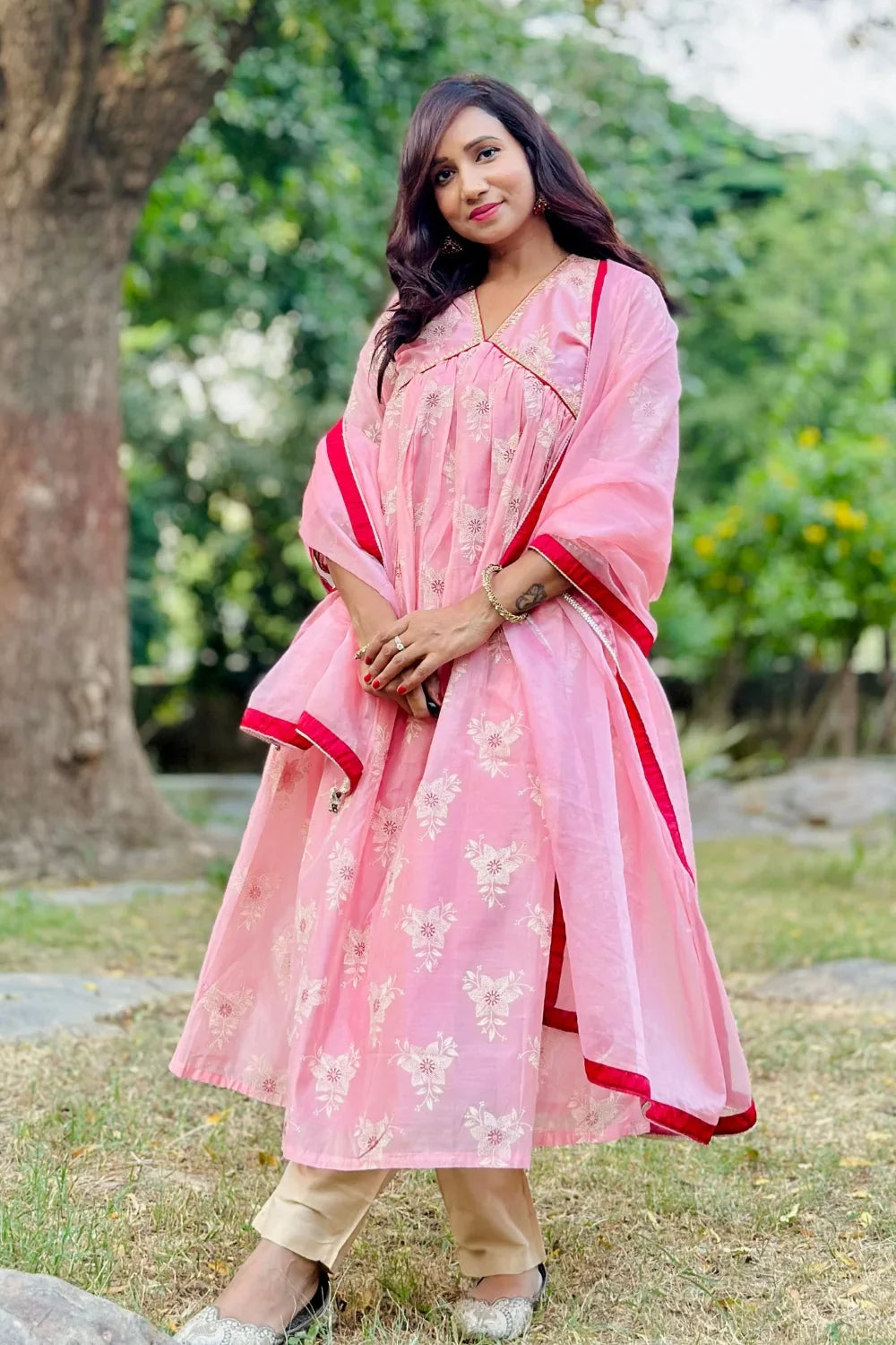 Peach/Pink Khari Printed Chanderi Silk 'A' Line Kurta