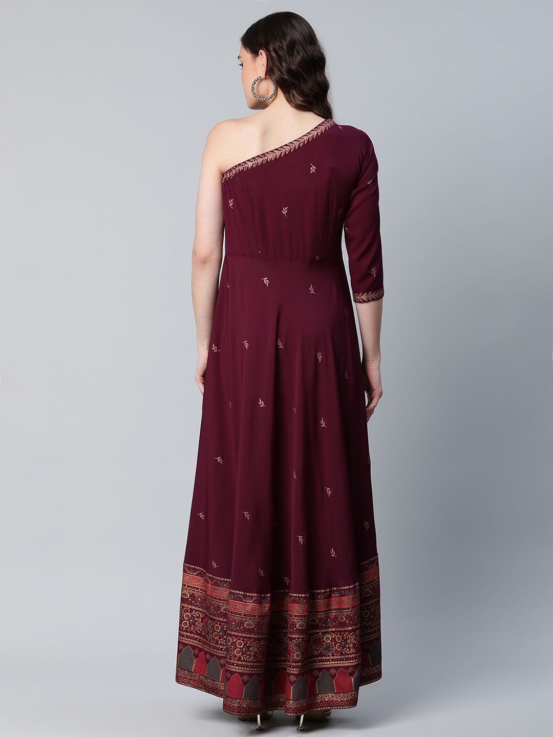 Burgundy & Gold-Toned Printed One Shoulder Ethnic Maxi Dress