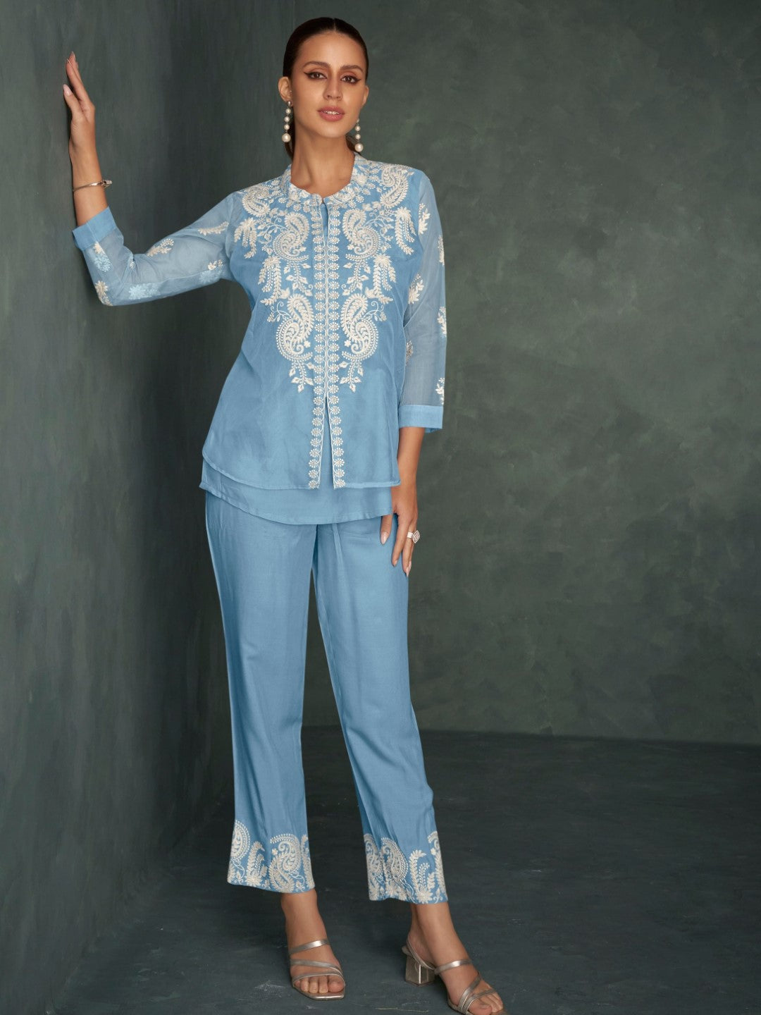 Saba SoftBlue Embroidered 3 pc Co-ord Set- AL