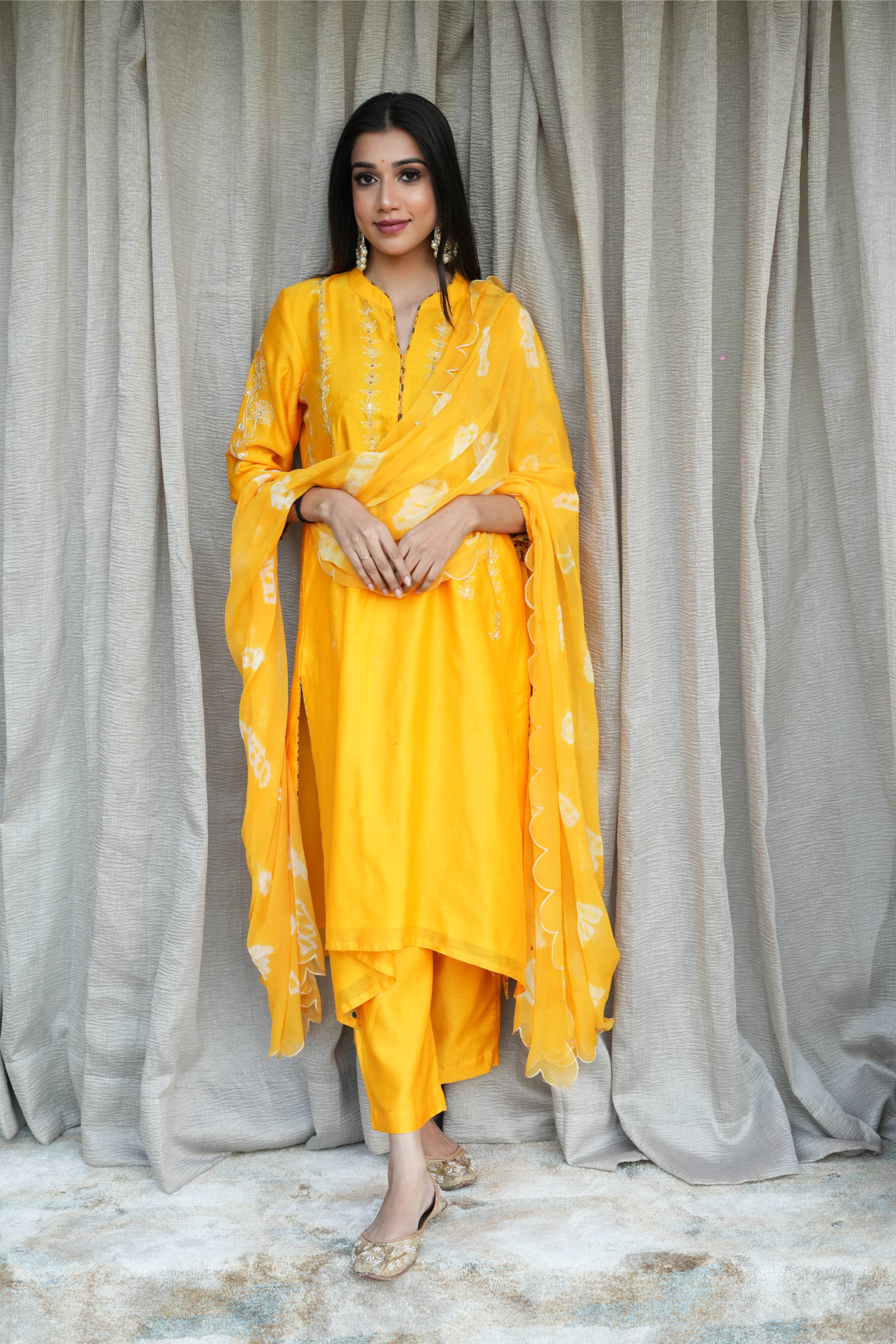 Yellow Chanderi White Embroidered Suit Set