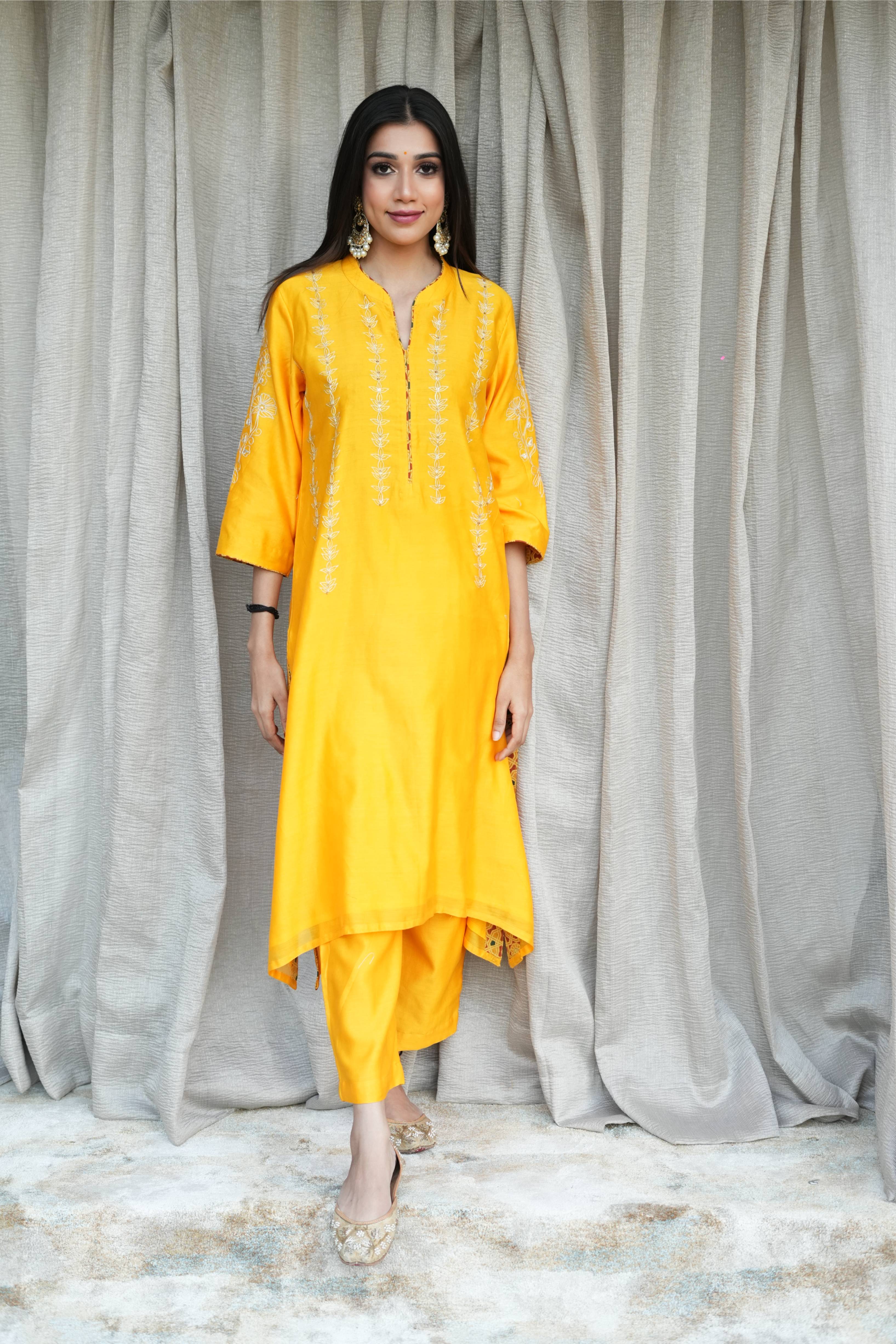 Yellow Chanderi White Embroidered Suit Set