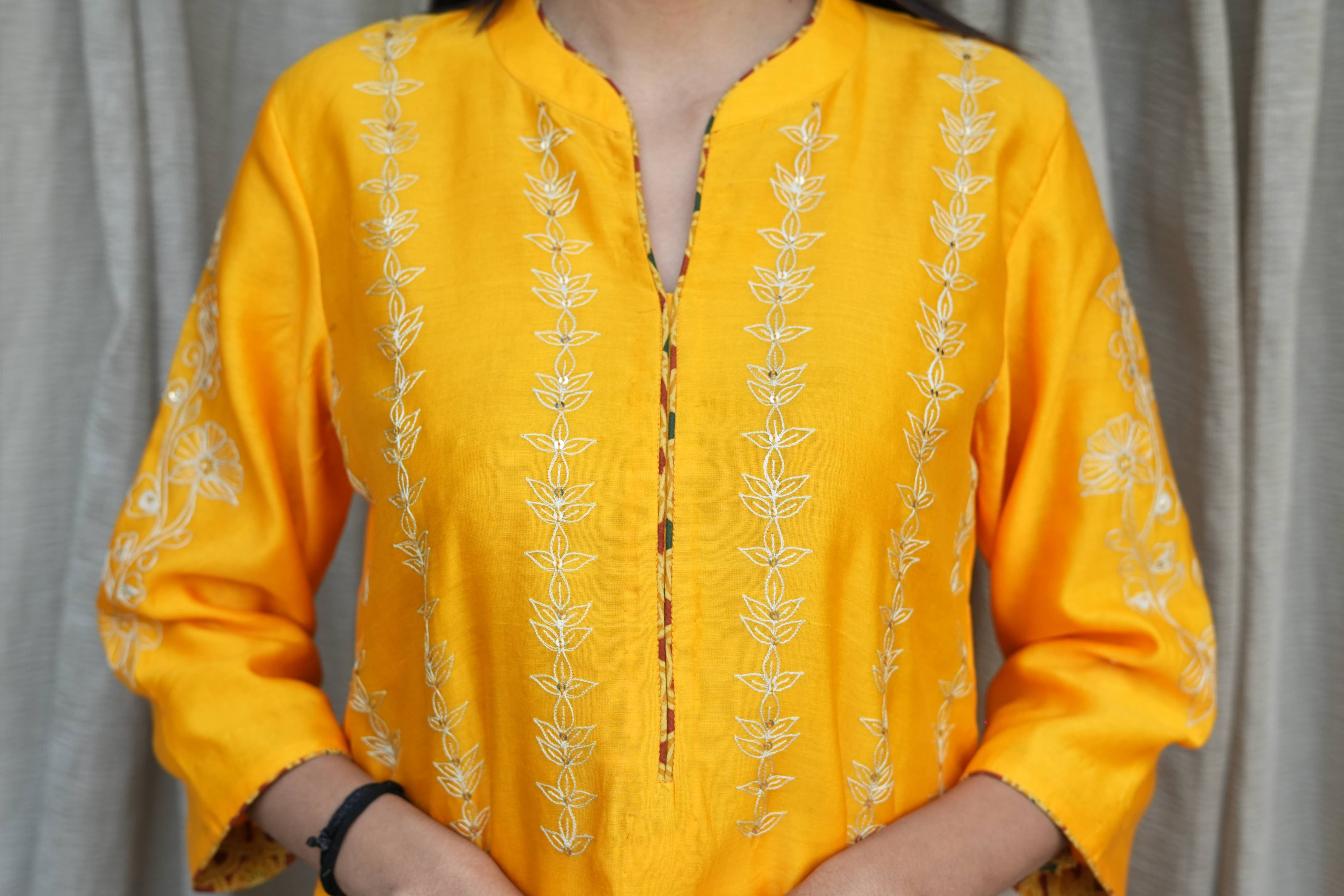 Yellow Chanderi White Embroidered Suit Set