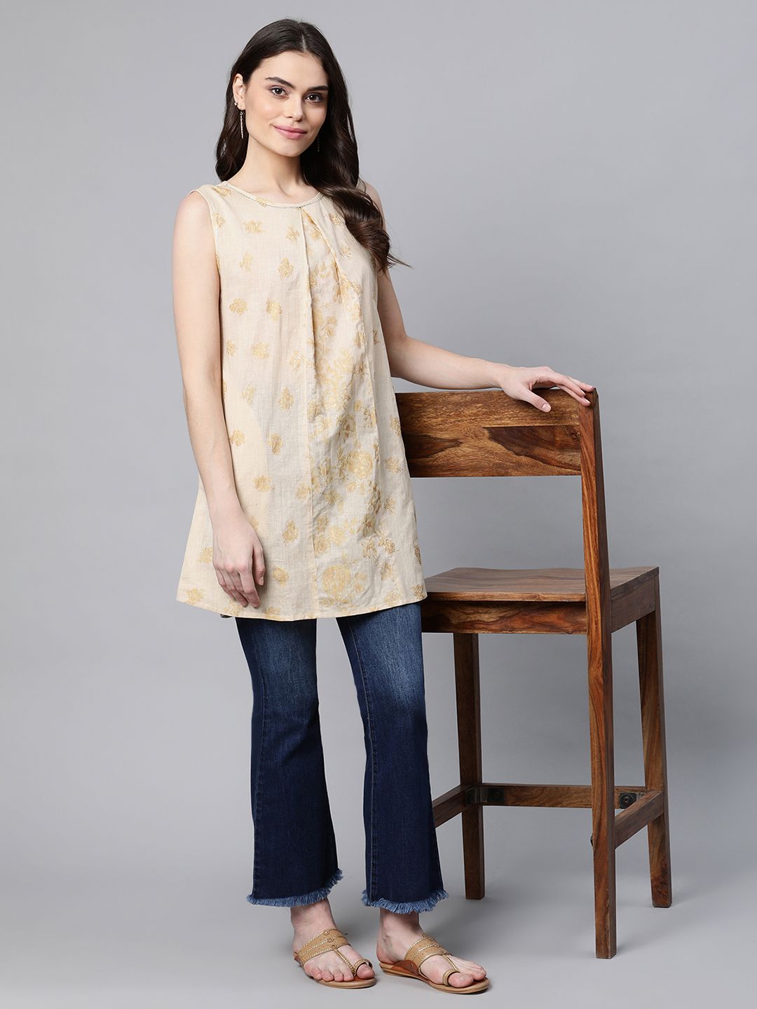 Beige Pure Cotton Floral Printed Tunic