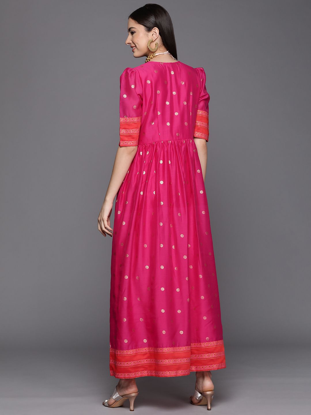 Pink Chanderi Gold Foil Print Dress-AH
