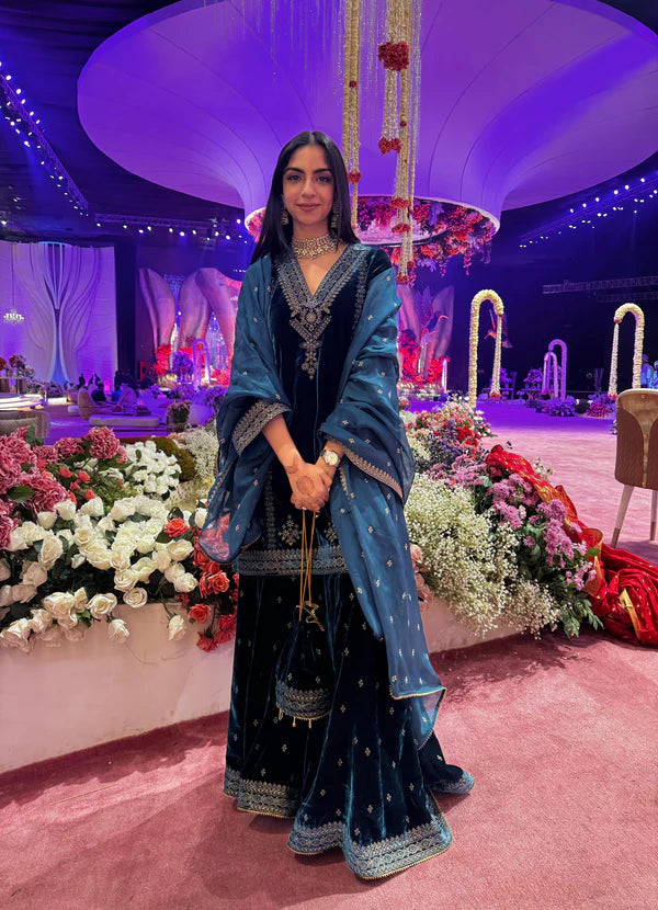 TEAL BLUE VELVET EMBROIDERED SHARARA SET- II