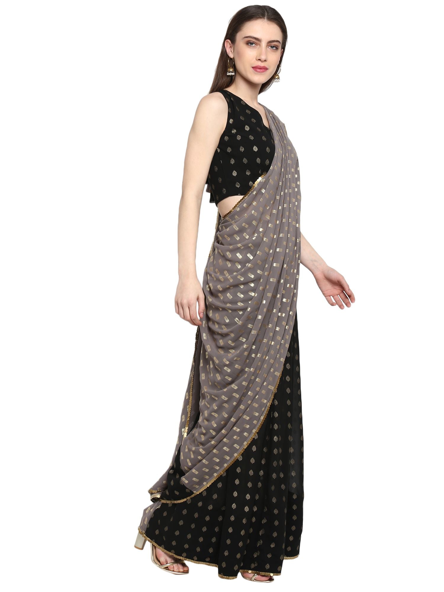 Black Georgette Foil Print Ready to Wear Saree