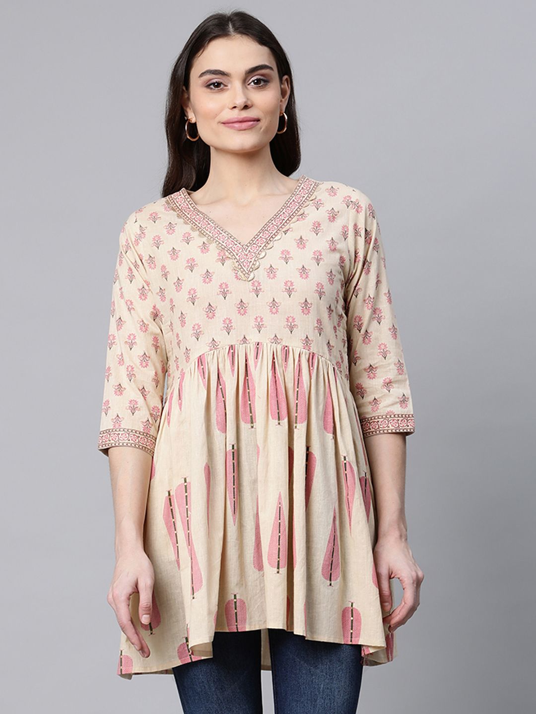 Beige Pure Cotton Printed Tunic