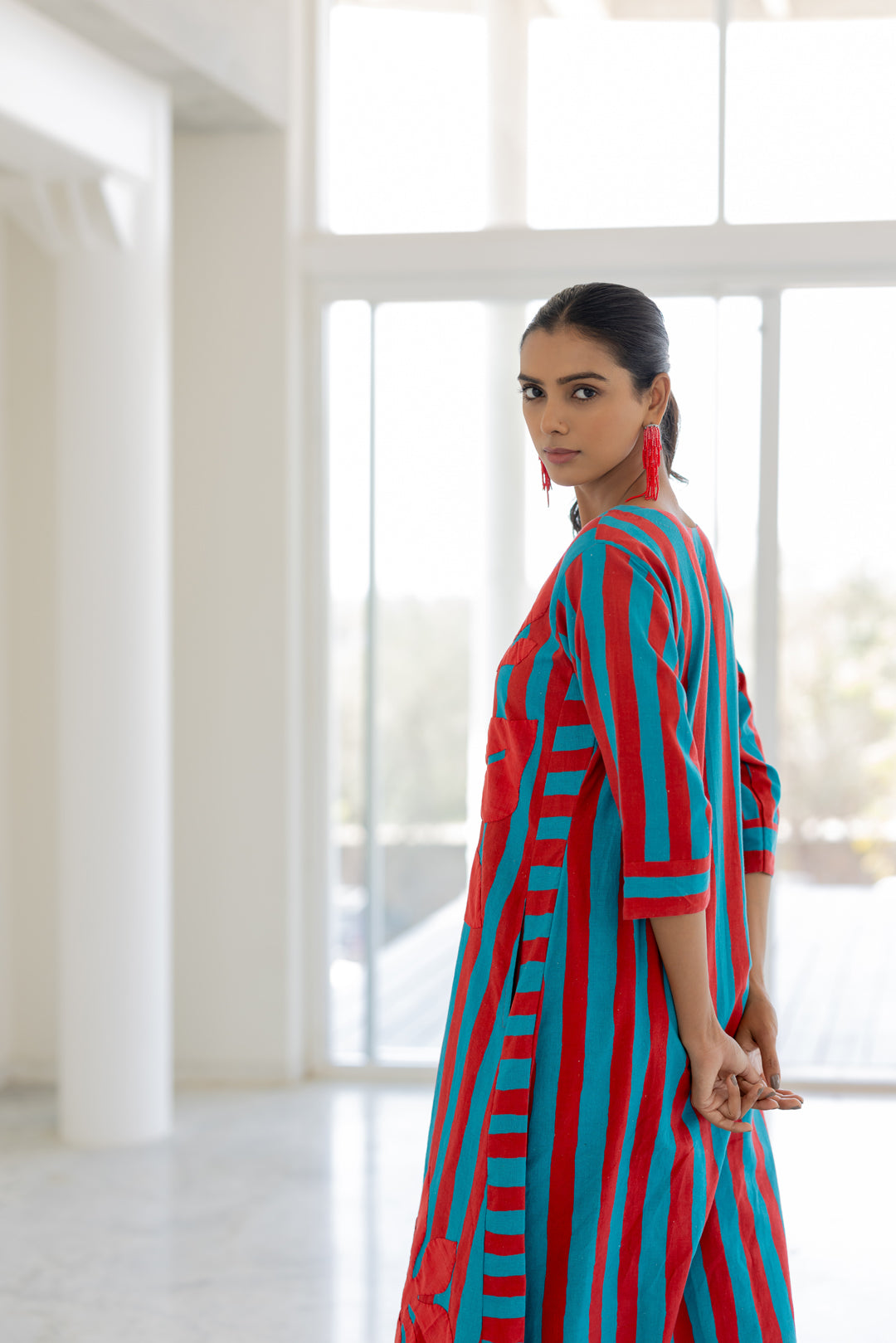 Sky Fire Striped Applique Kurta Set- SS