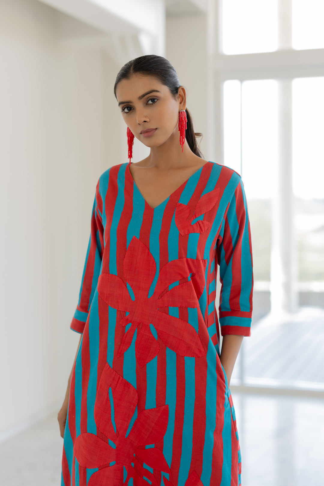 Sky Fire Striped Applique Kurta Set- SS