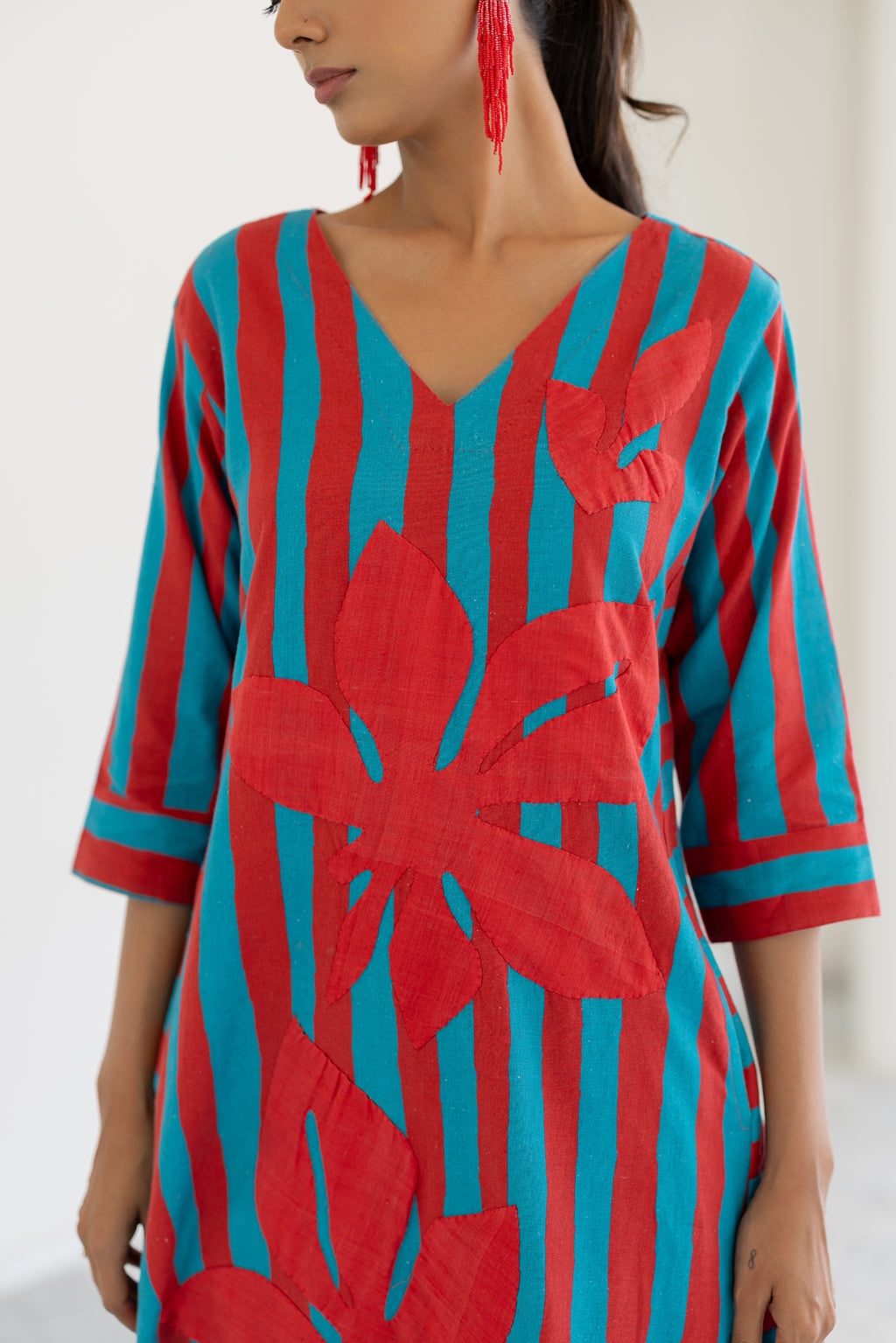 Sky Fire Striped Applique Kurta Set- SS